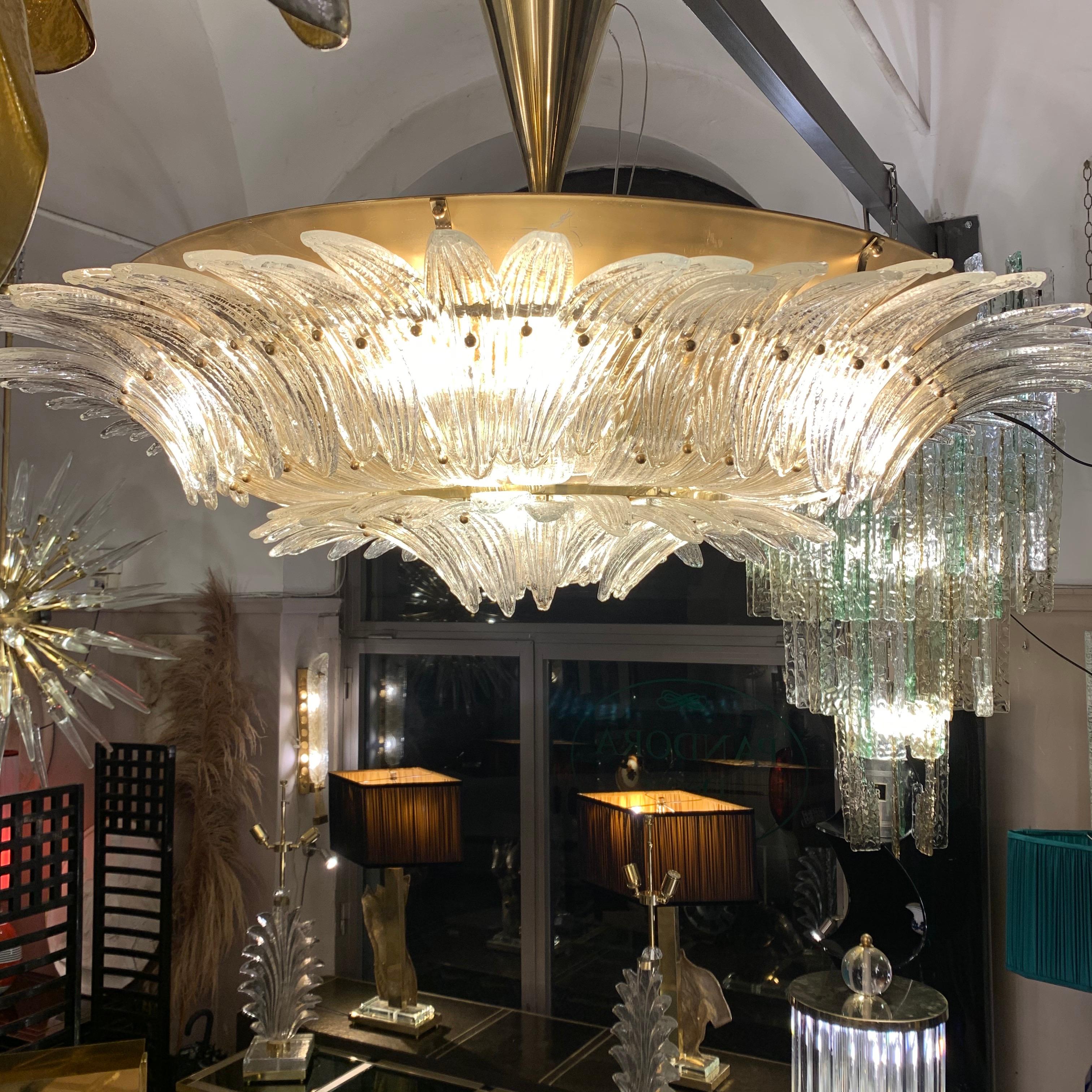 Murano Round Chandelier with Clear Glass Leaves, Brass Structure, 1950s 2