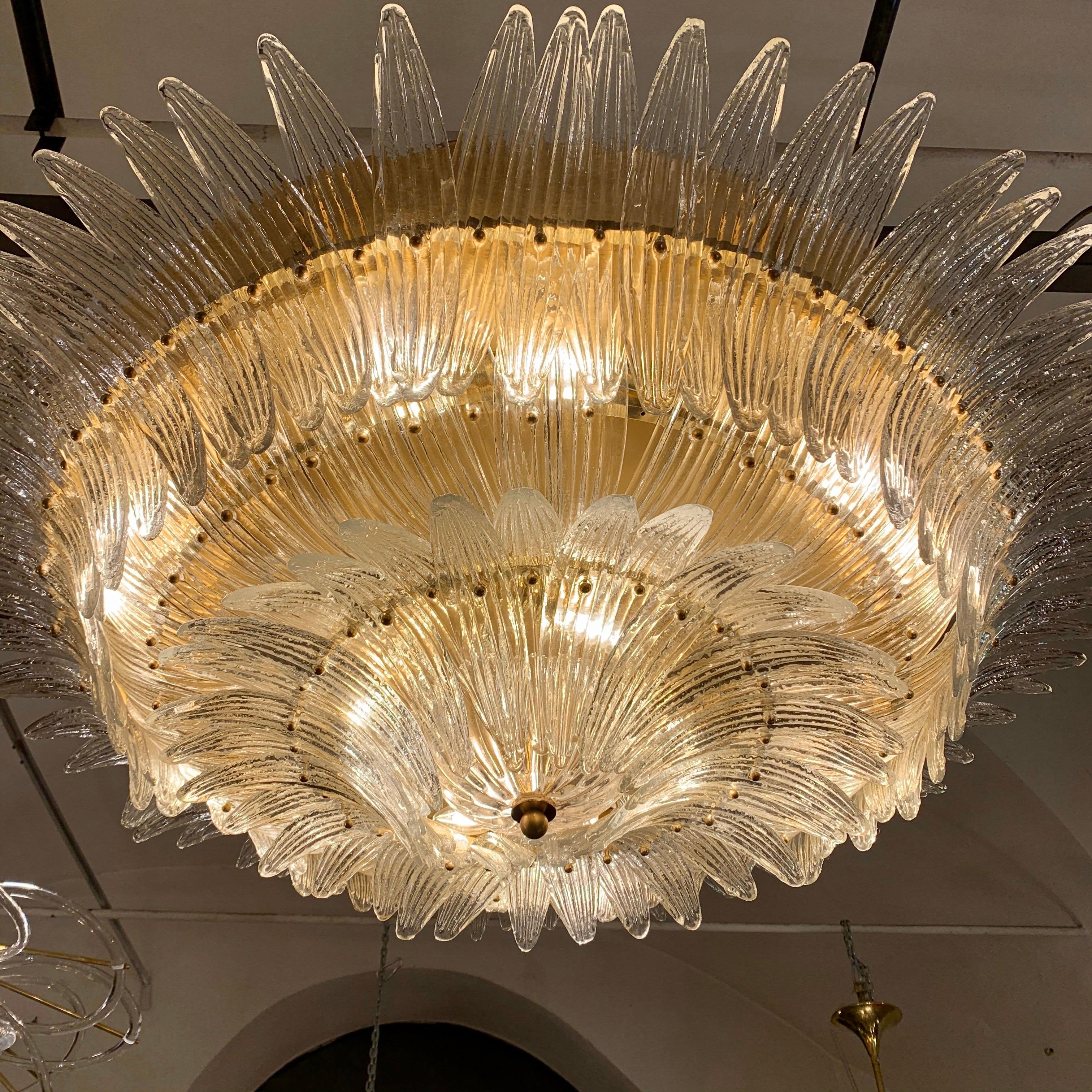 Murano Round Chandelier with Clear Glass Leaves, Brass Structure, 1950s 3