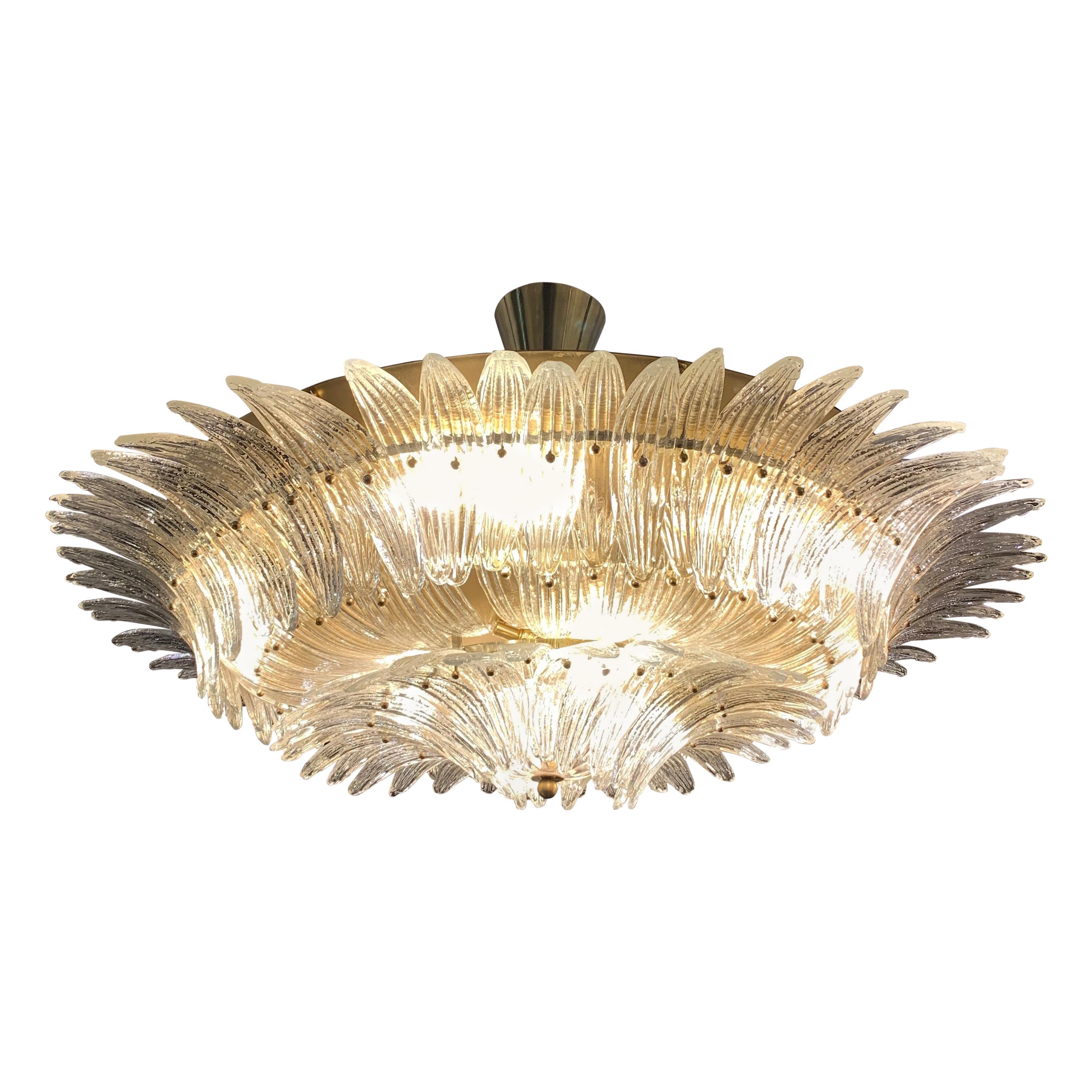 Murano Round Chandelier with Clear Glass Leaves, Brass Structure, 1950s