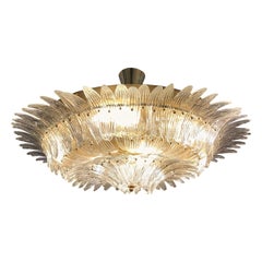 Murano Round Chandelier with Clear Glass Leaves, Brass Structure, 1950s
