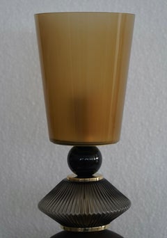 Murano Round Dove Gray and Smoky Art Glass and Brass Midcentury Table Lamp, 2020