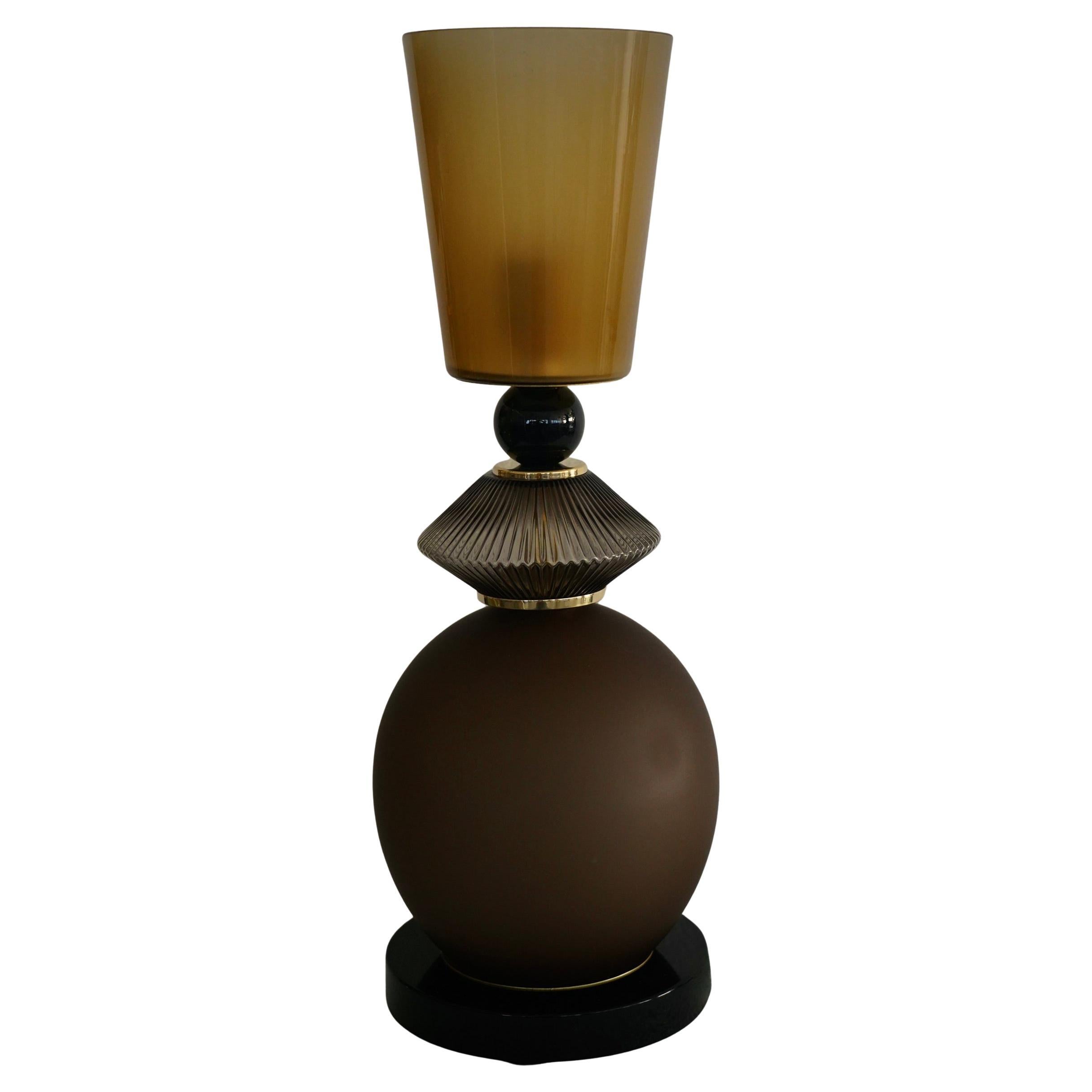 Murano Round Dove Gray and Smoky Art Glass and Brass Midcentury Table Lamp, 2020 For Sale