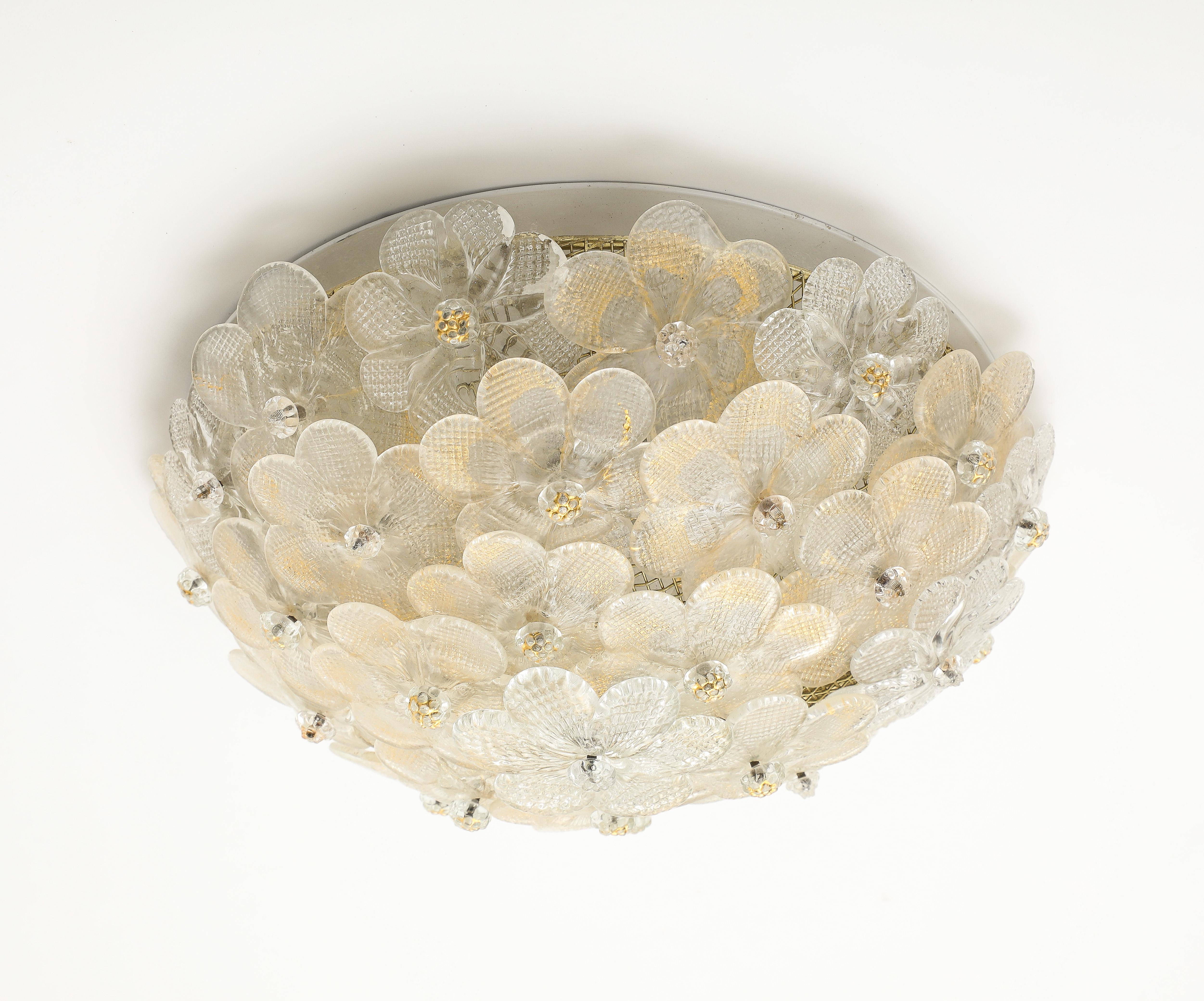 Italian 1970s Murano glass round flush mount light, with floral design cover. 2 sockets, wired for USA, 40W max. 