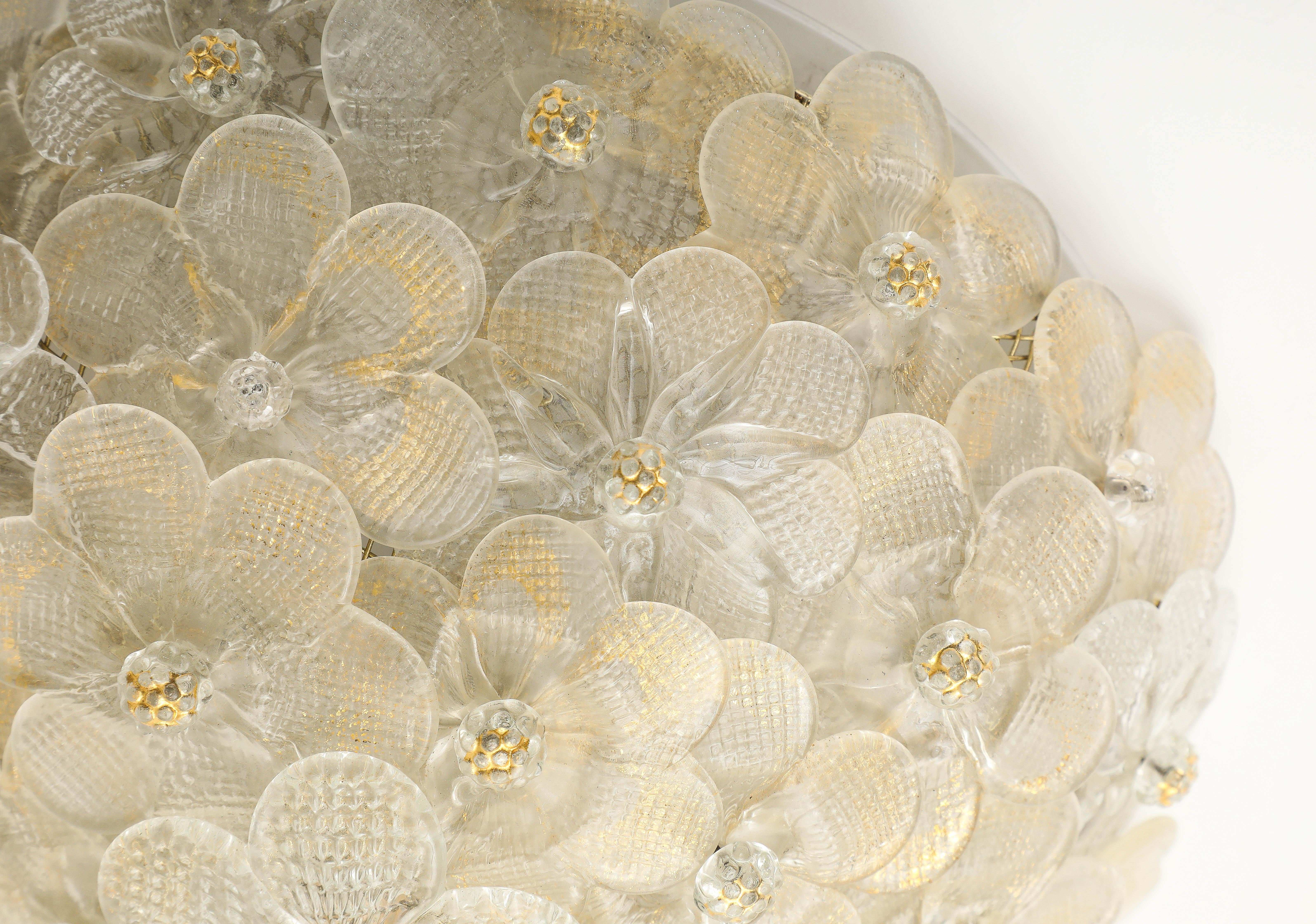 Mid-Century Modern Murano Round Floral Glass Flush Mount Light, Italian 1970s For Sale