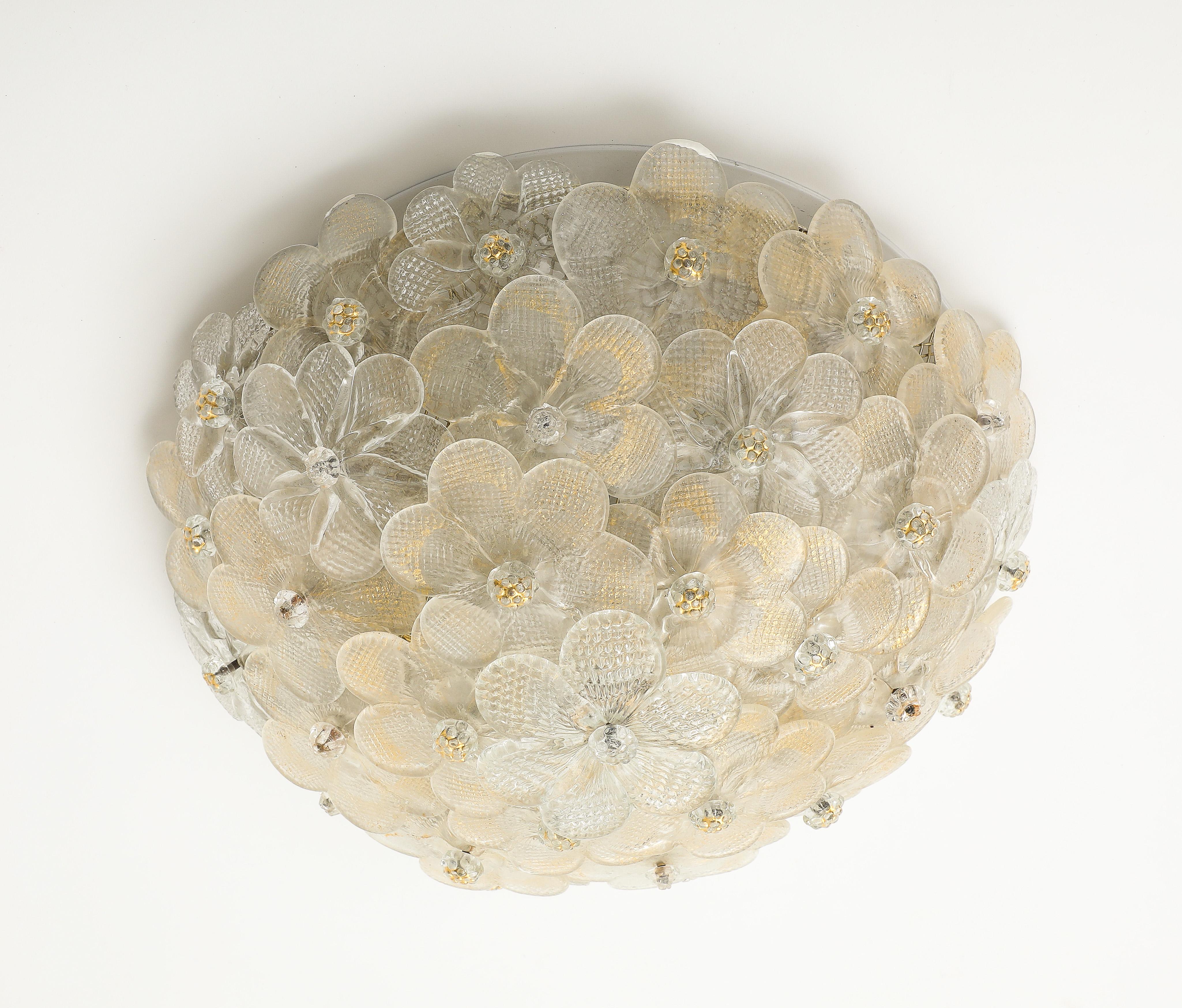 Brass Murano Round Floral Glass Flush Mount Light, Italian 1970s For Sale
