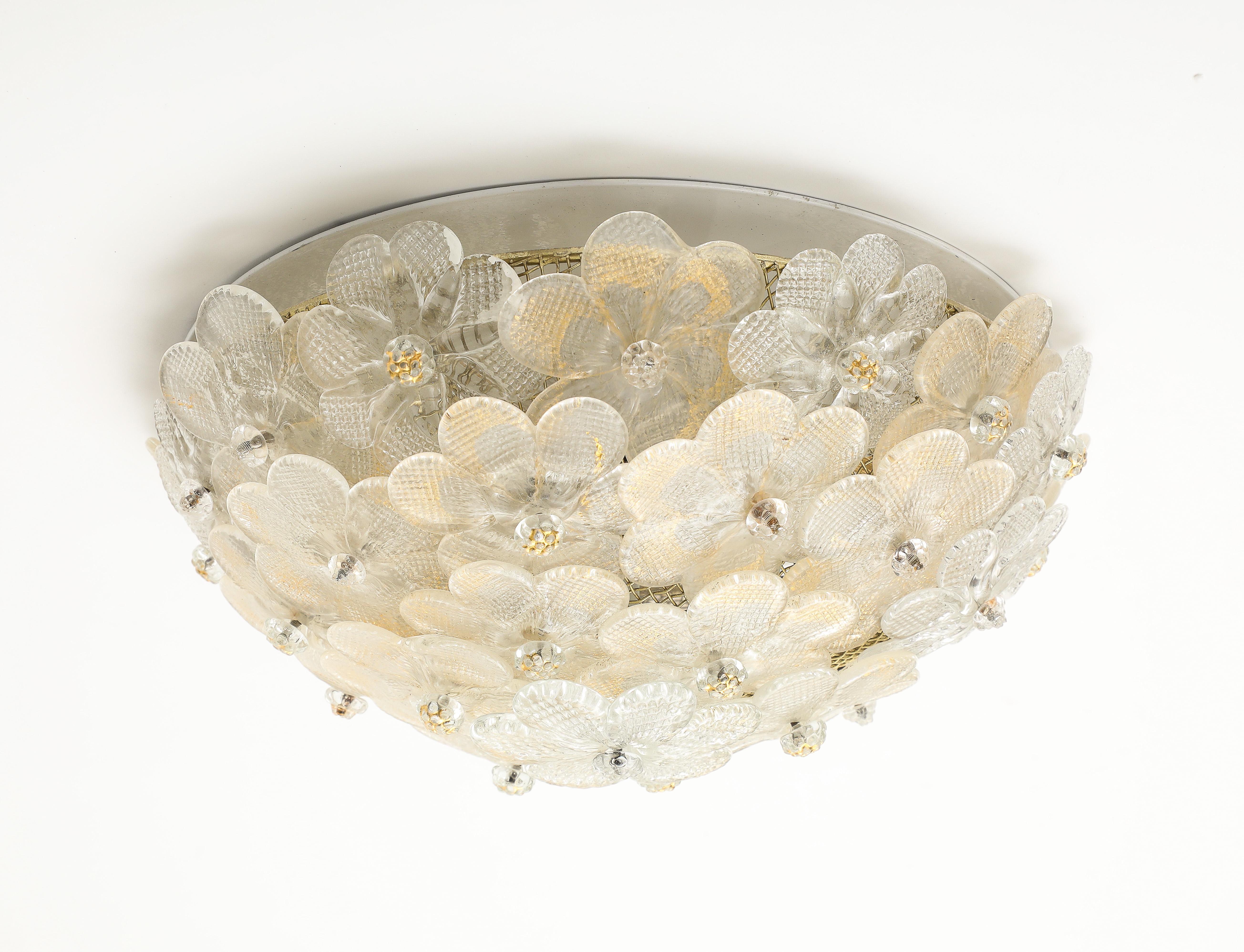 Murano Round Floral Glass Flush Mount Light, Italian 1970s For Sale 2