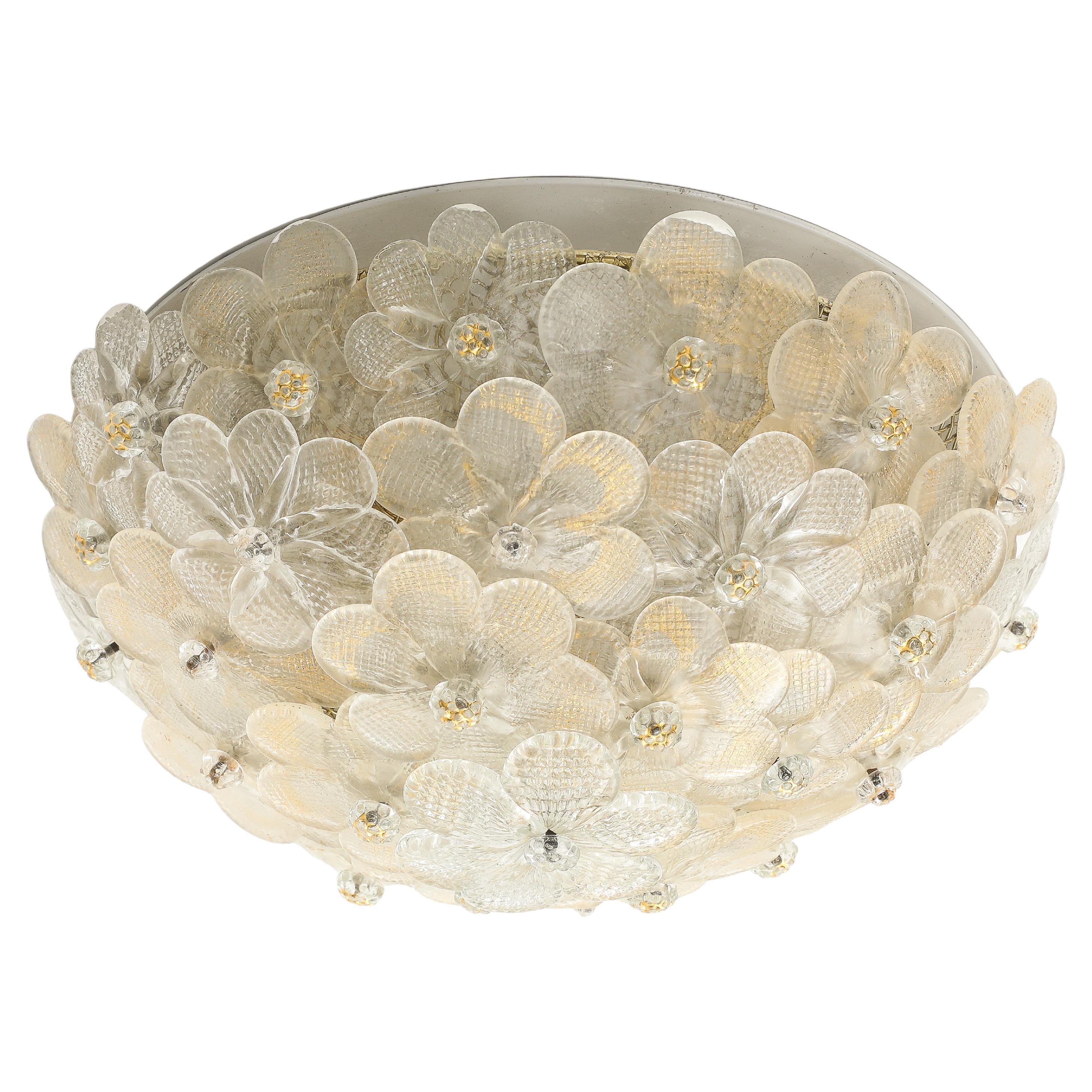 Murano Round Floral Glass Flush Mount Light, Italian 1970s