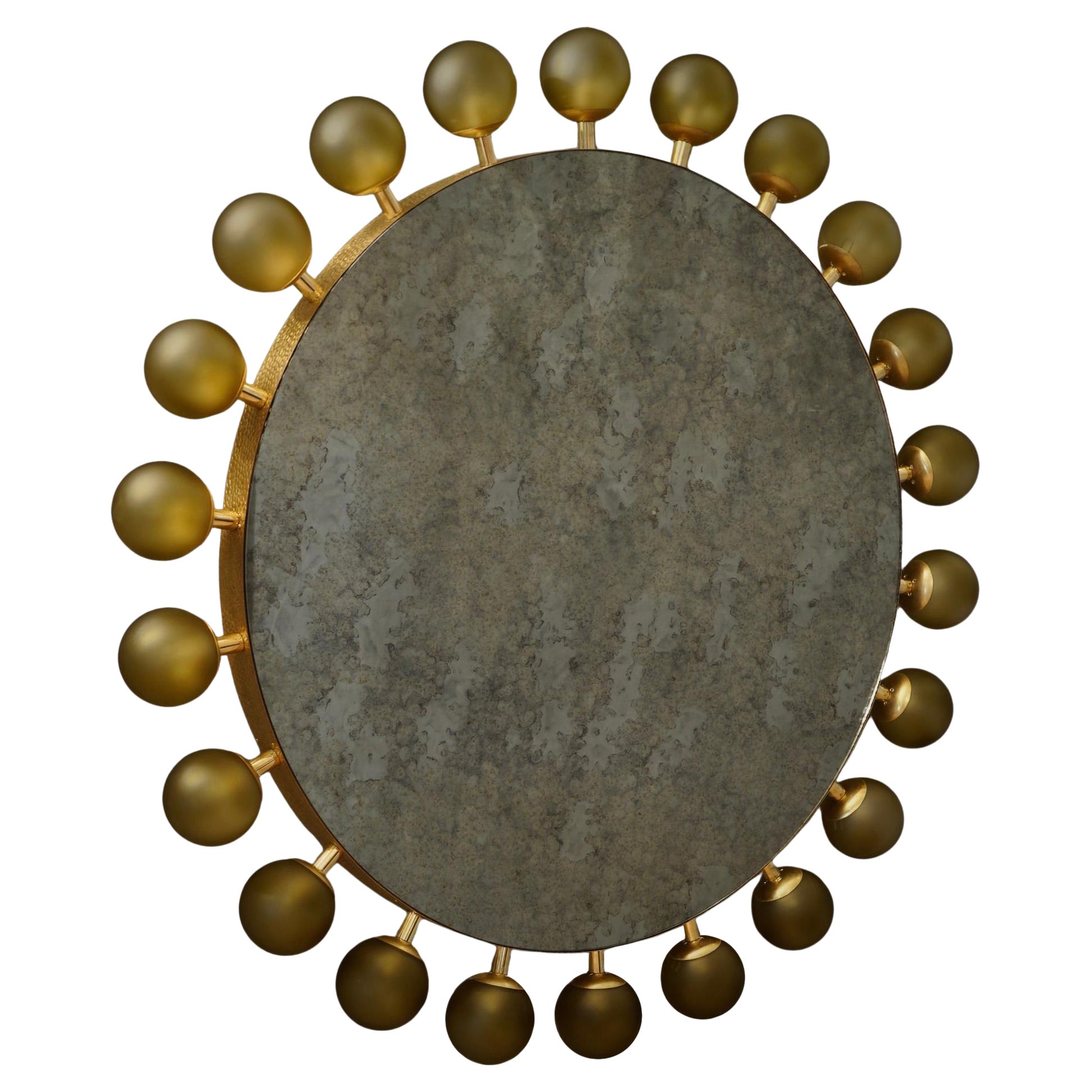 Murano Round Green Art Glass and Brass Console Mirror / Wall Mirror, 2000