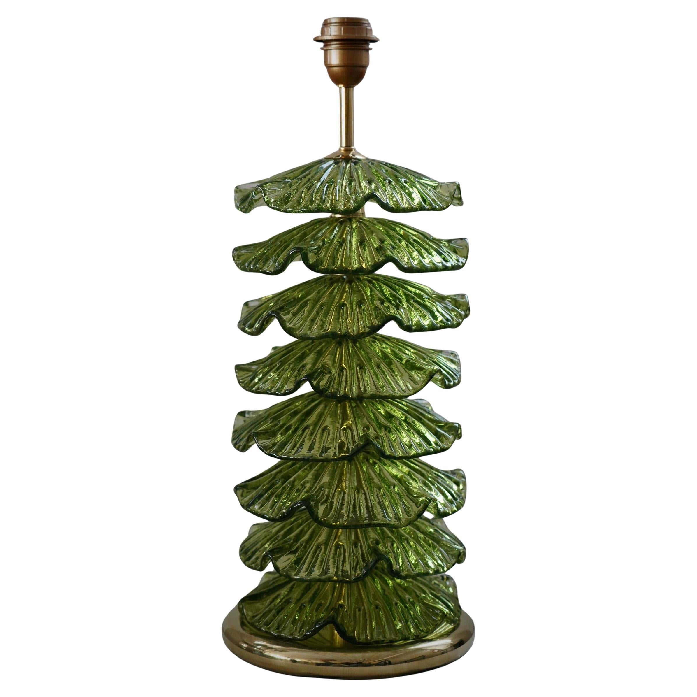 Murano Round Green Art Glass and Brass Midcentury Table Lamp, 2020