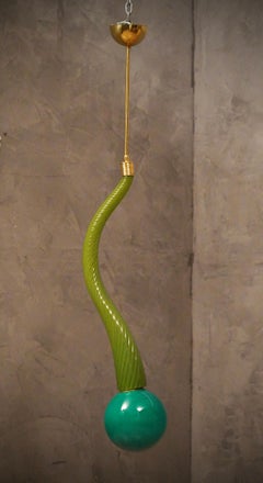 Murano Round Green Glass and Brass Lantern Chandelier and Pendant, 1960