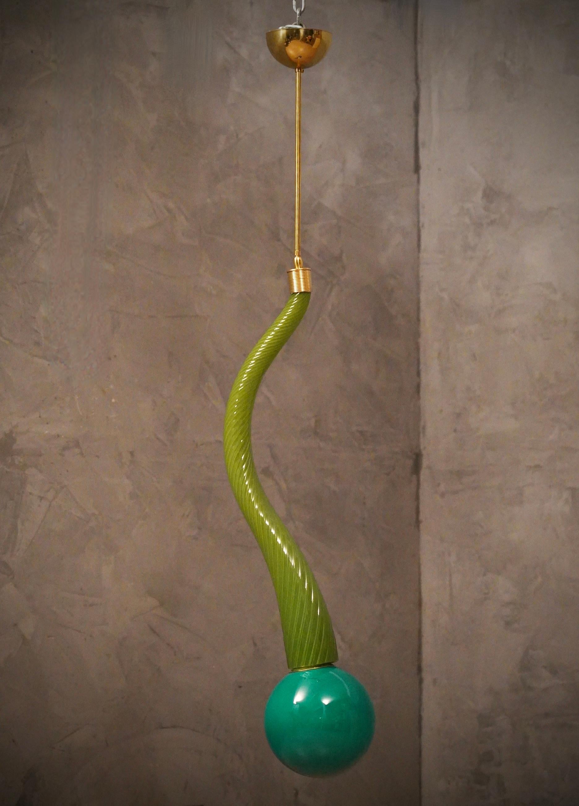Murano Round Green Glass and Brass Lantern Chandelier and Pendant, 1960 1