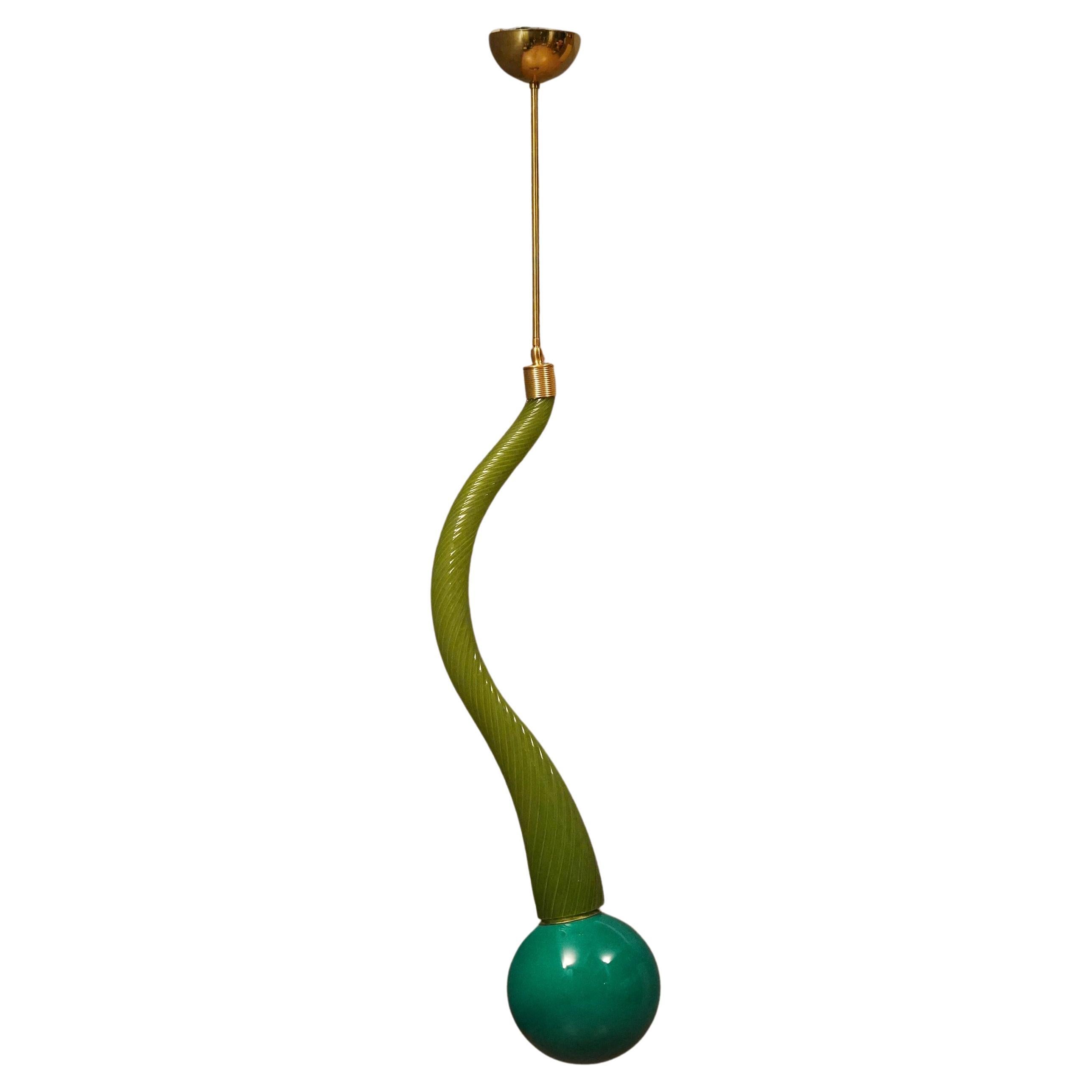 Murano Round Green Glass and Brass Lantern Chandelier and Pendant, 1960 For Sale