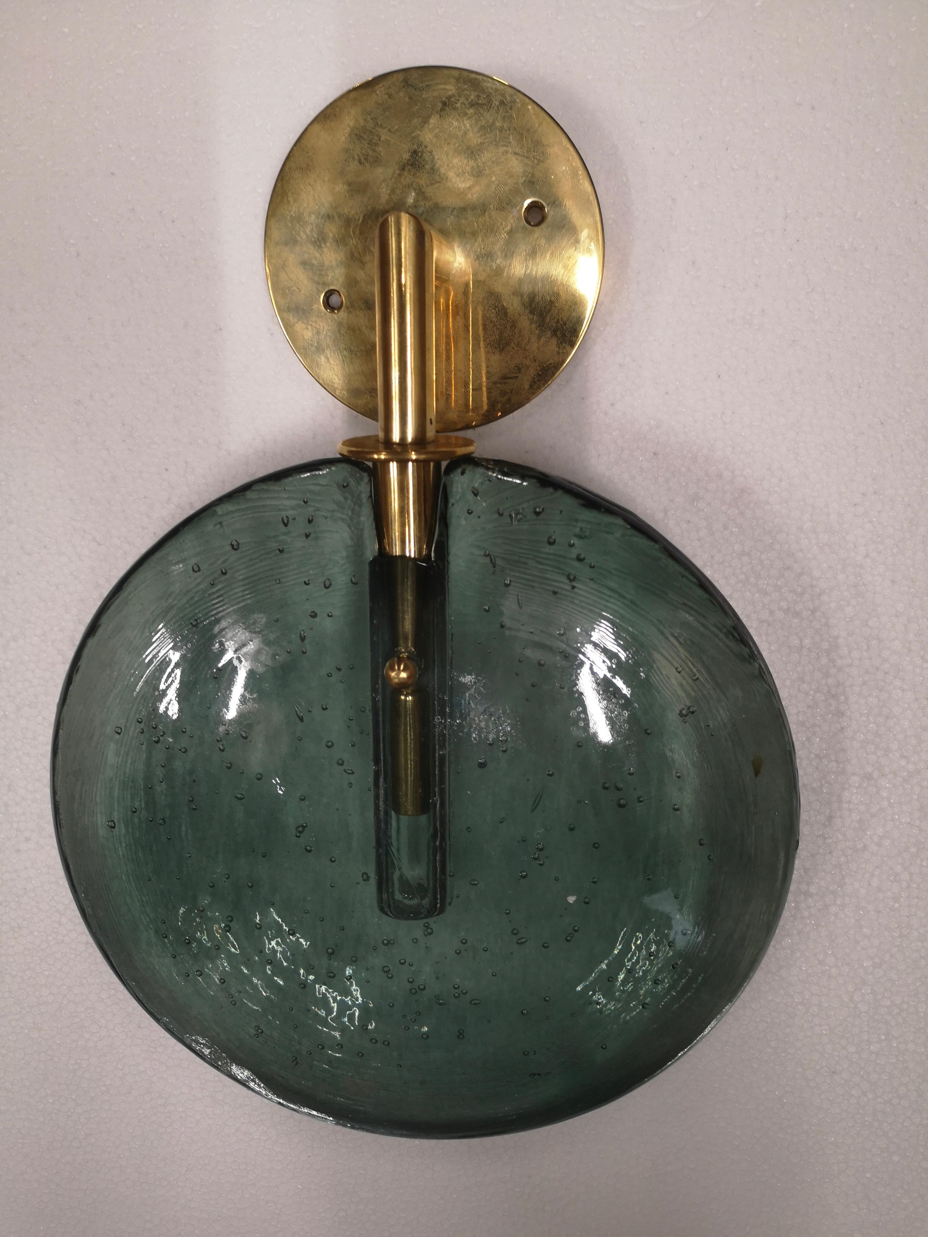 Murano Round Green Glass and Brass Modern Wall Light, 2020 For Sale 1