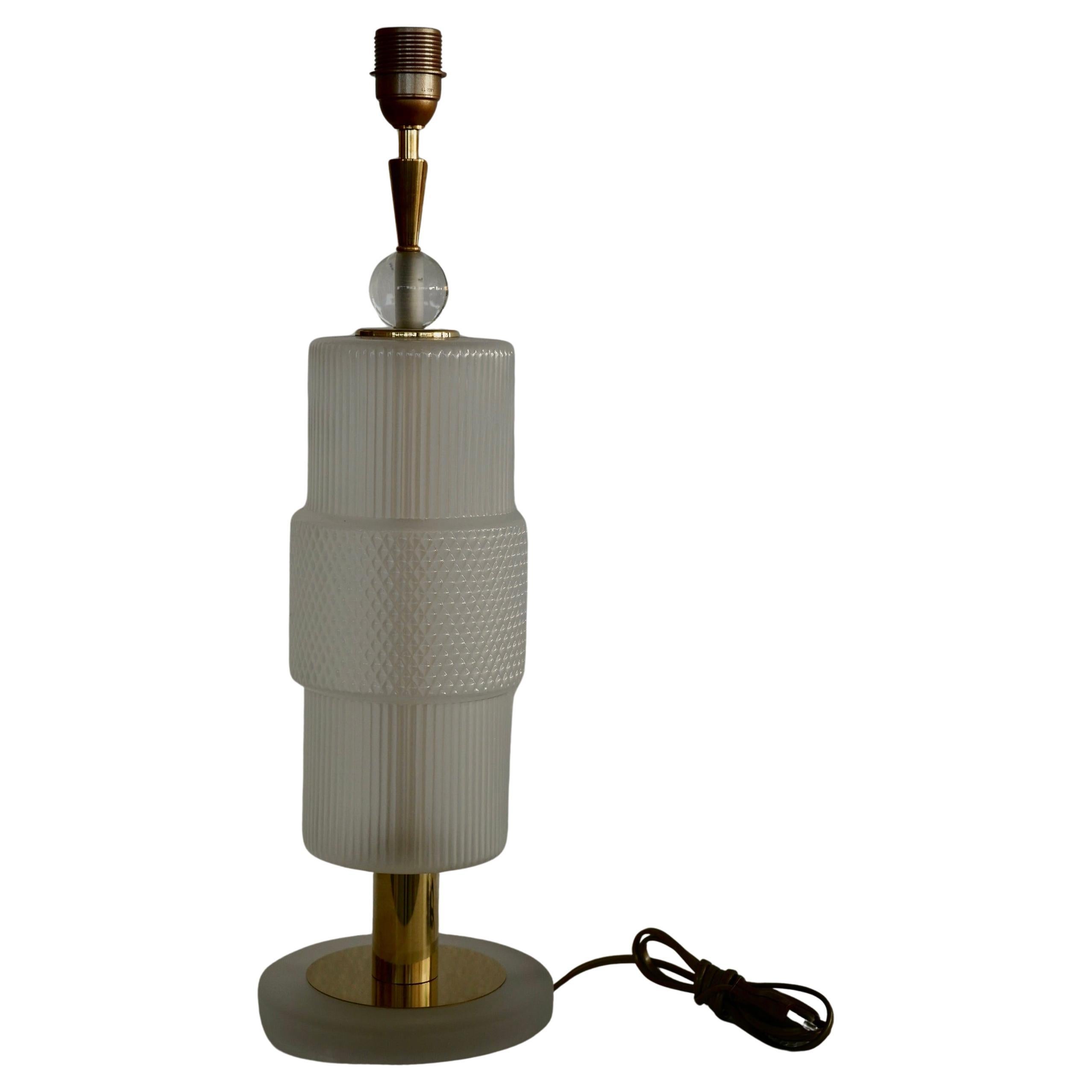 Murano Round Ice White Art Glass and Brass Art Deco Table Lamp, 2020 For Sale