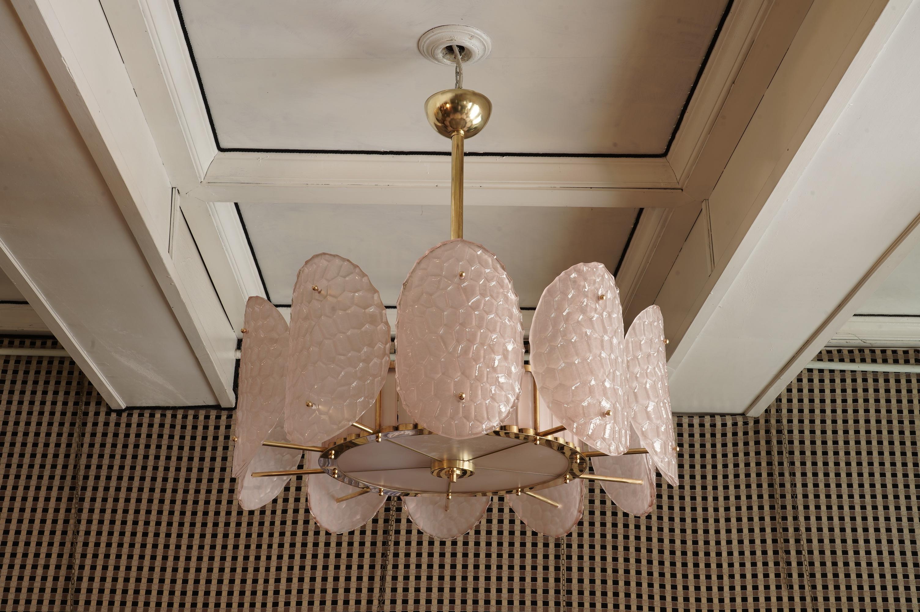Contemporary Murano Round Light Pink Color Glass and Brass Chandelier and Pendant, 2000 For Sale