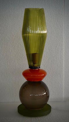 Murano Round Orange and Green Art Glass and Brass Midcentury Table Lamp, 2020