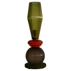 Murano Round Orange and Green Art Glass and Brass Midcentury Table Lamp, 2020