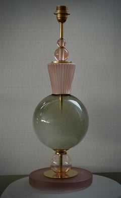 Murano Round Pink and Green Art Glass and Brass Midcentury Table Lamp, 2020