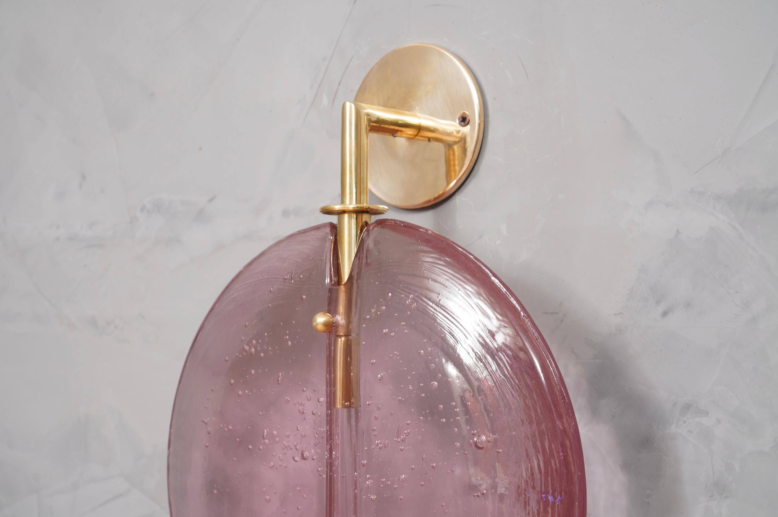 Mid-Century Modern Murano Round Pink Glass and Brass Modern Wall Light, 2020