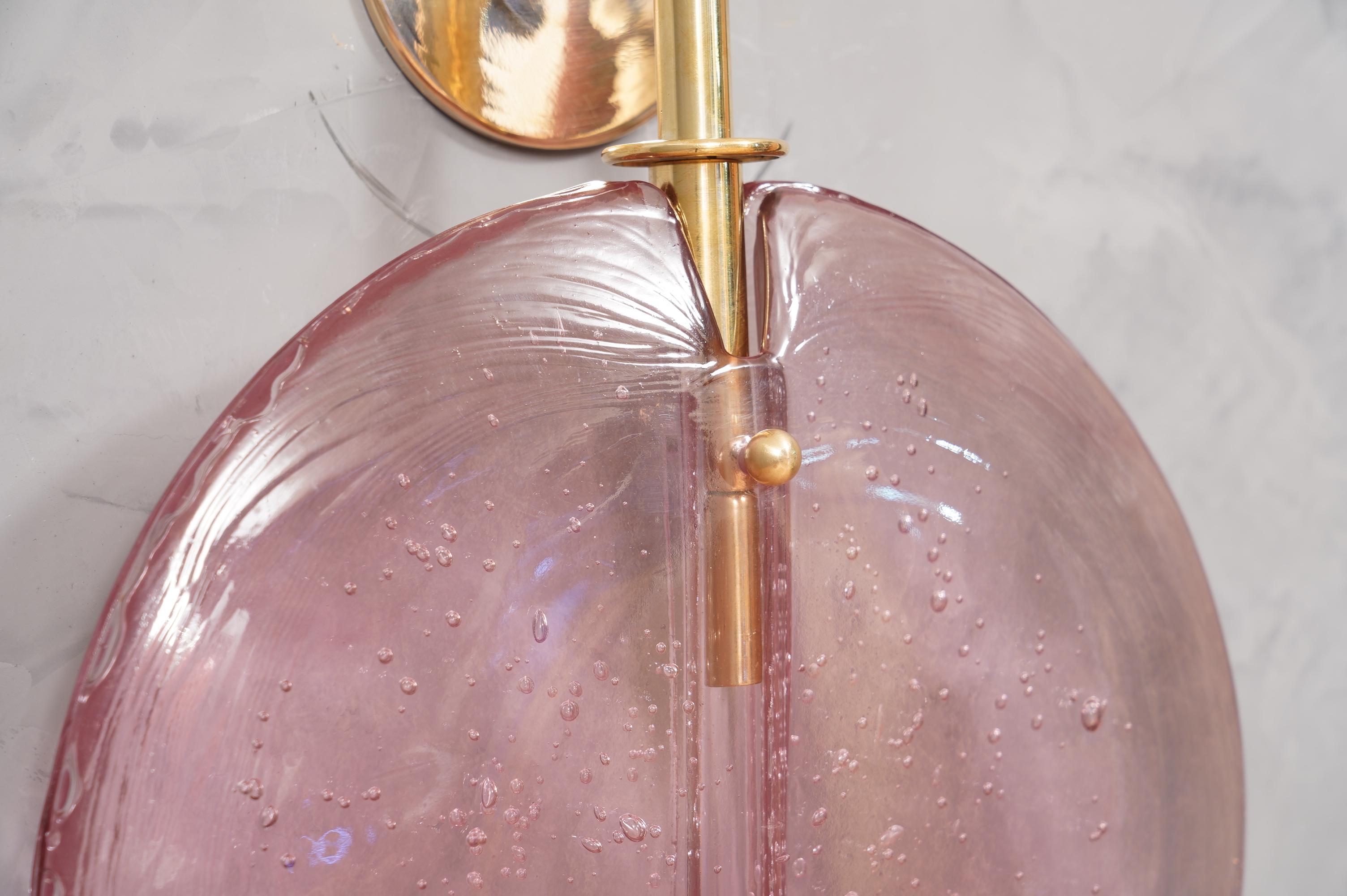Murano Round Pink Glass and Brass Modern Wall Light, 2020 In Good Condition In Rome, IT