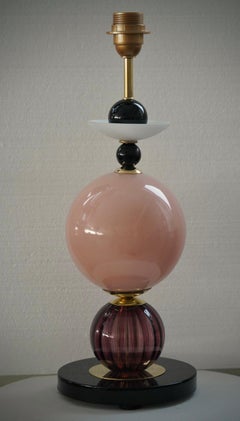 Murano Round Pink Violet and Black Art Glass and Brass Table Lamp, 2020