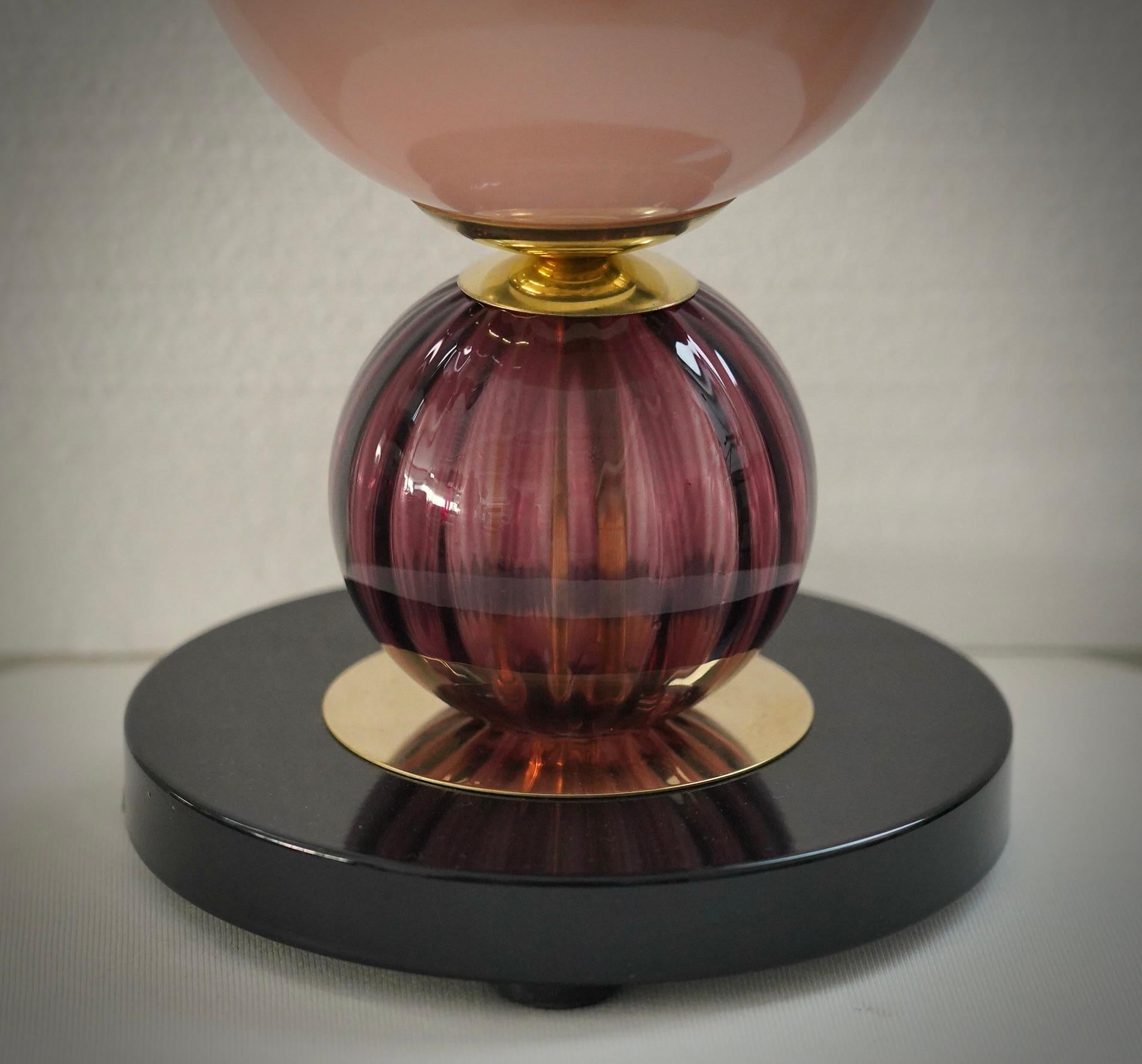 Mid-Century Modern Murano Round Pink Violet and Black Art Glass and Brass Table Lamp, 2020 For Sale