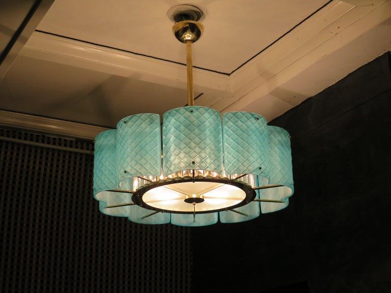 Murano Round Tiffany Color Glass and Brass Italian Midcentury Chandelier, 1950 For Sale 9