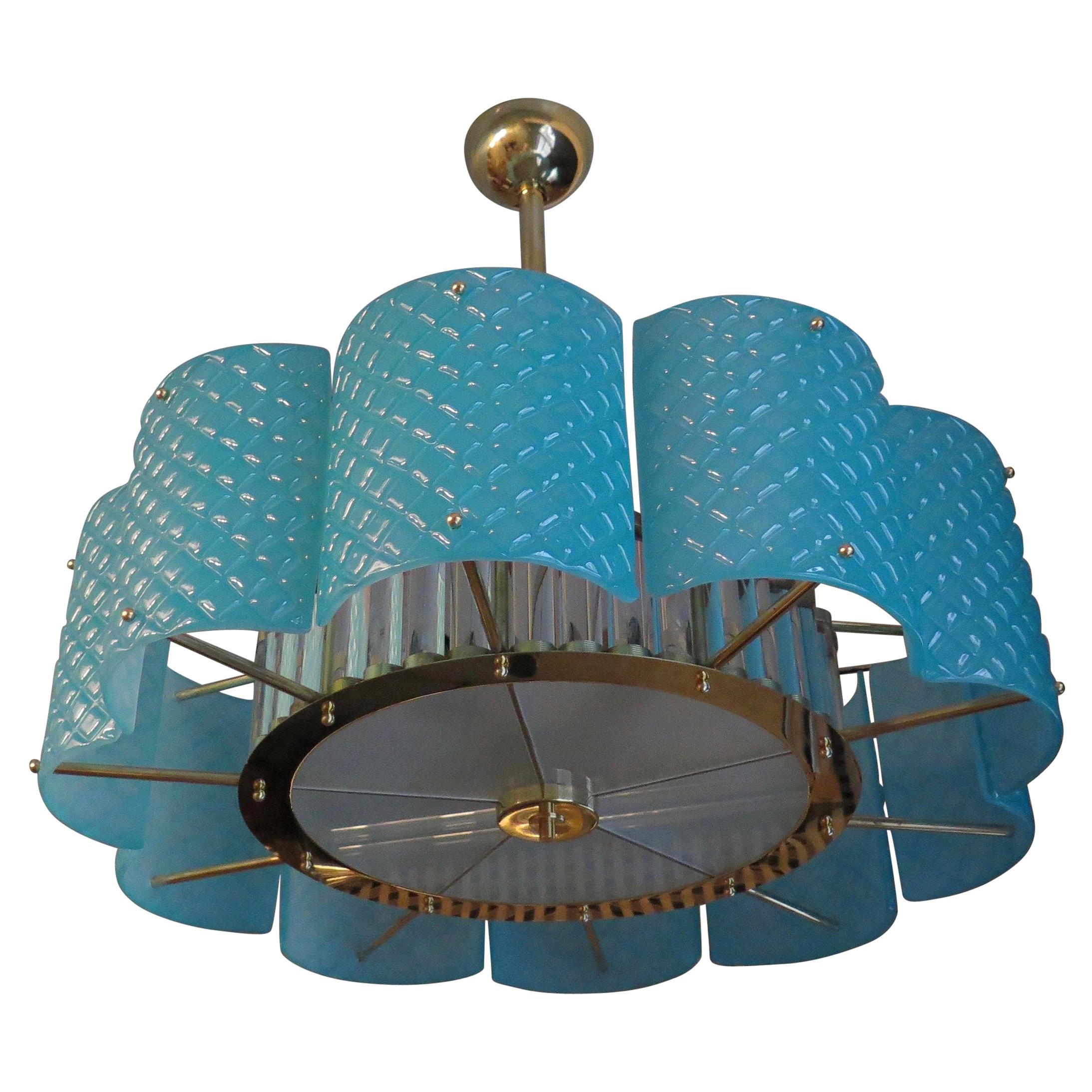 Murano Round Tiffany Color Glass and Brass Italian Midcentury Chandelier, 1950