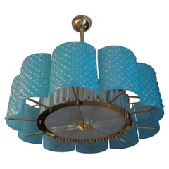 Vintage Murano Round Tiffany Color Glass and Brass Italian Midcentury Chandelier, 1950