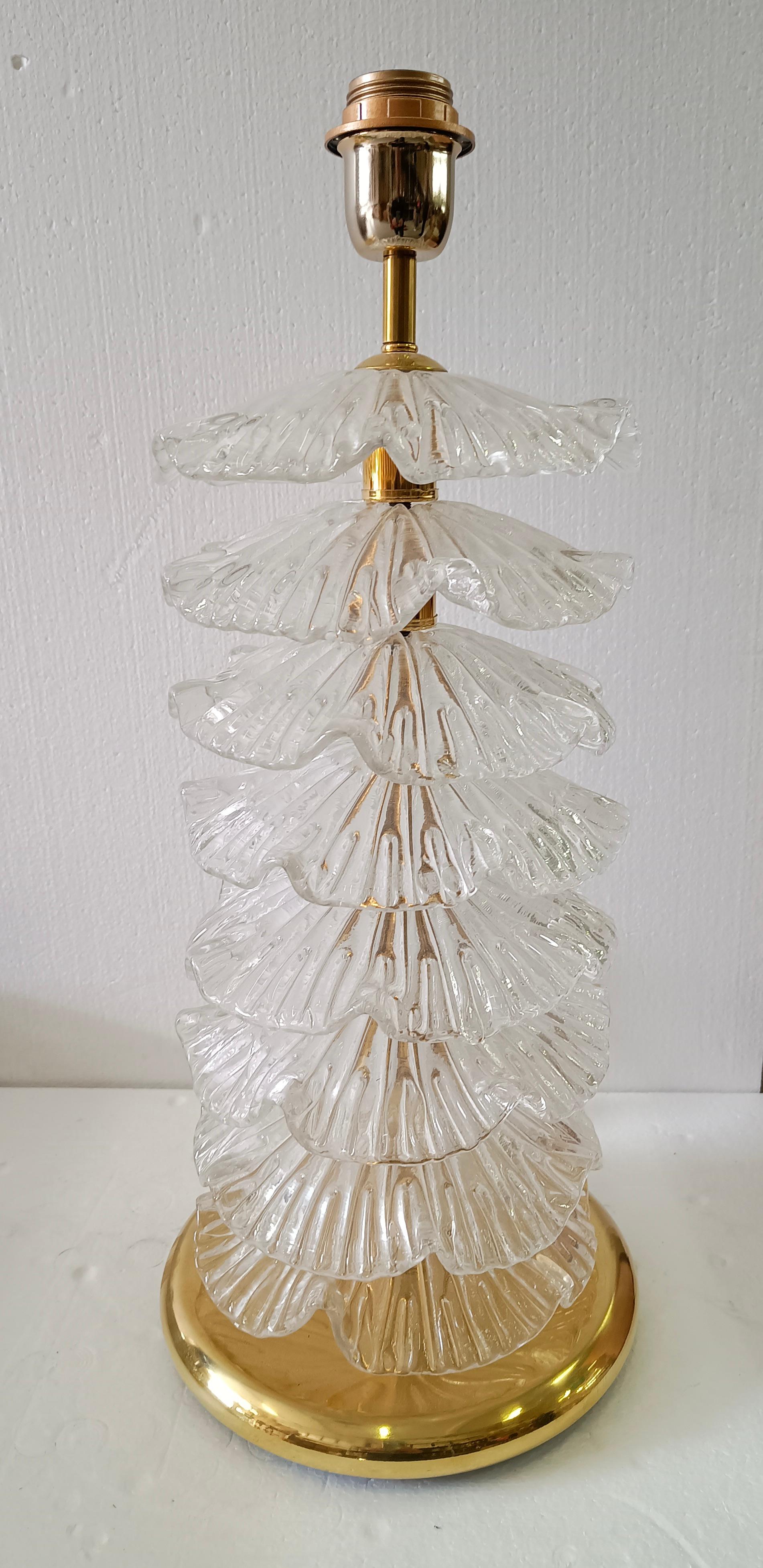 Mid-Century Modern Murano Round Transparent Art Glass and Brass Midcentury Table Lamp, 2020 For Sale