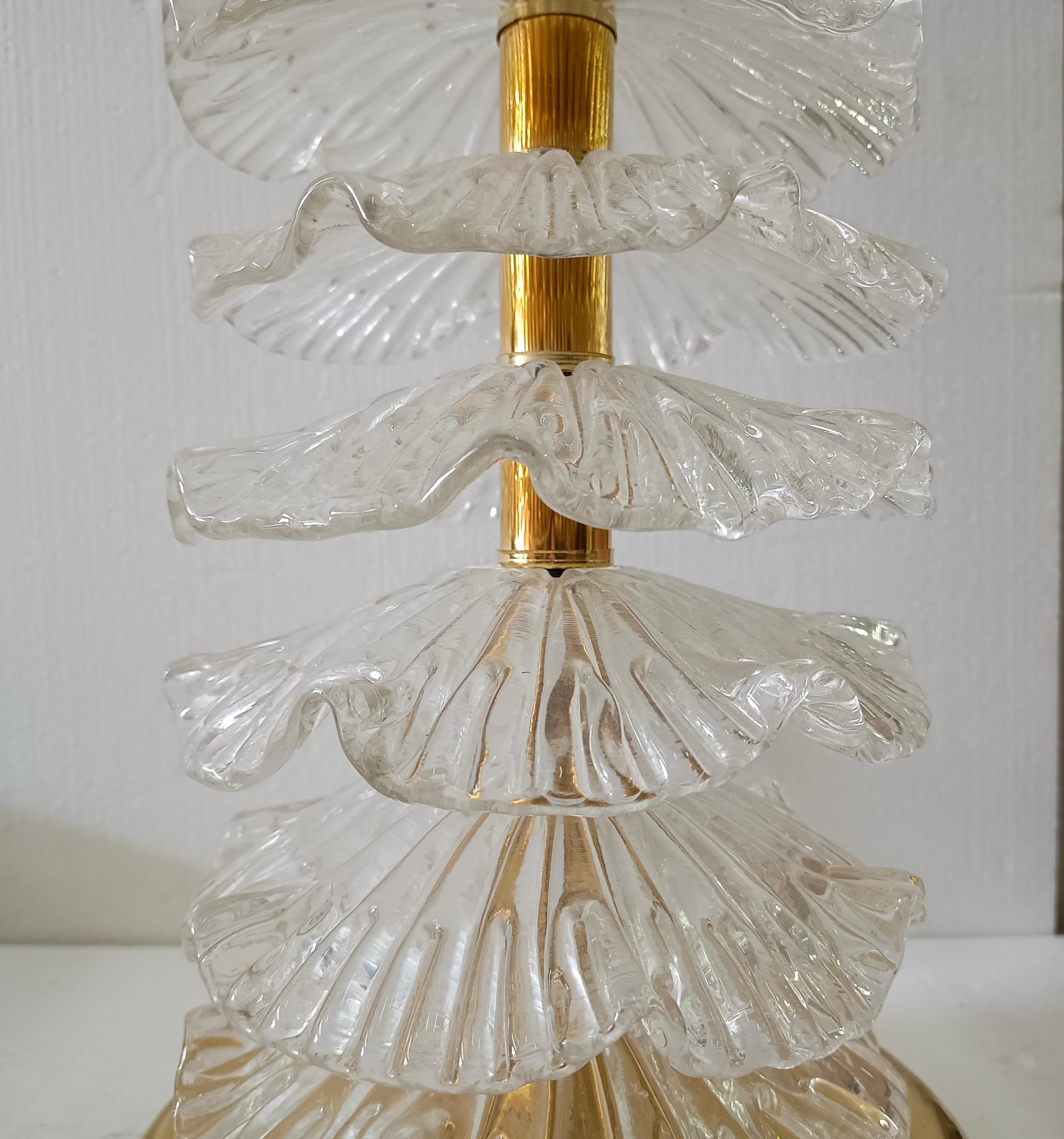 Contemporary Murano Round Transparent Art Glass and Brass Midcentury Table Lamp, 2020 For Sale