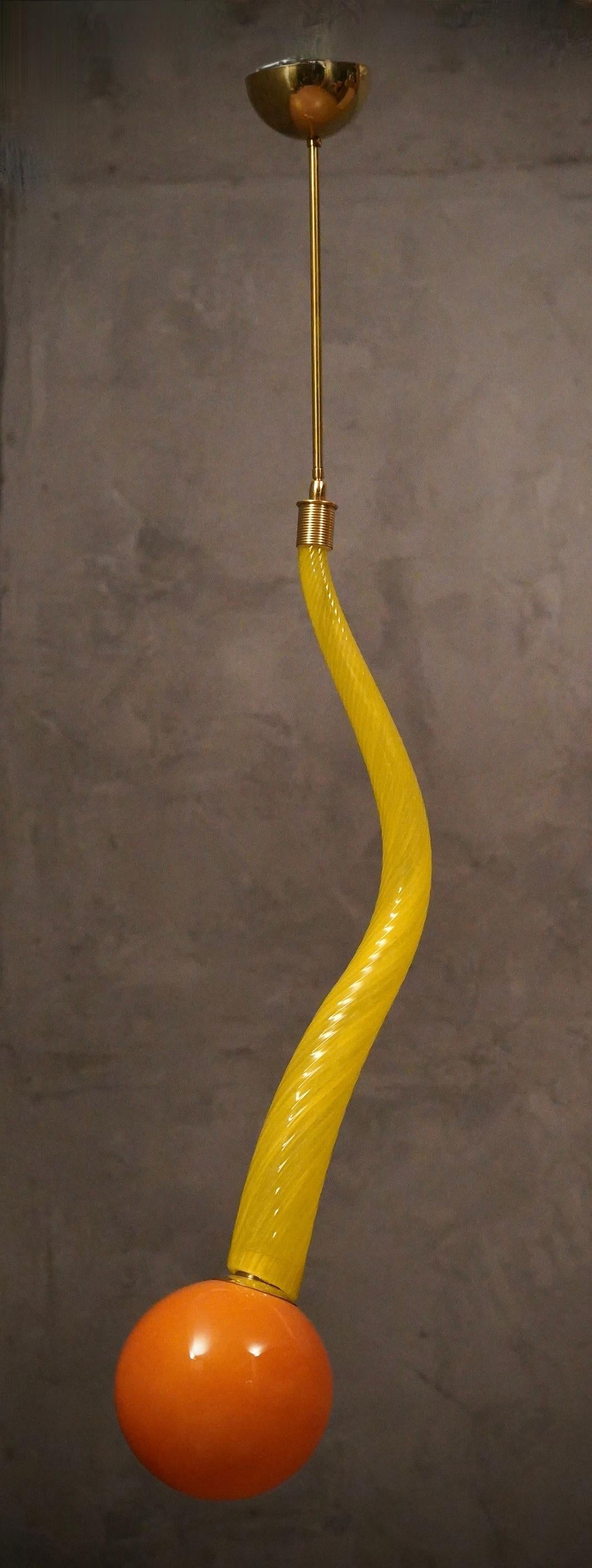 Mid-20th Century Murano Round Yellow Glass and Brass Lantern Chandelier and Pendant, 1960
