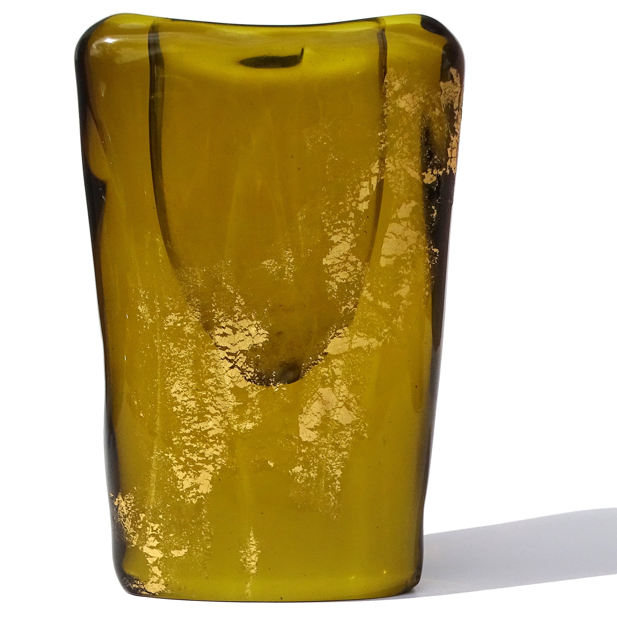 Beautiful and rare, vintage Murano hand blown Sommerso golden amber / olive, and gold flecks Italian art glass abstract flower vase. The vase is documented to designer Luciano Gaspari, for the Salviati company. It is fully signed underneath, 