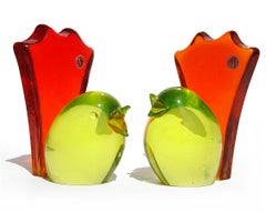 Murano Salviati Glowing Uranium Art Glass Italian Bird Bookend Sculptures