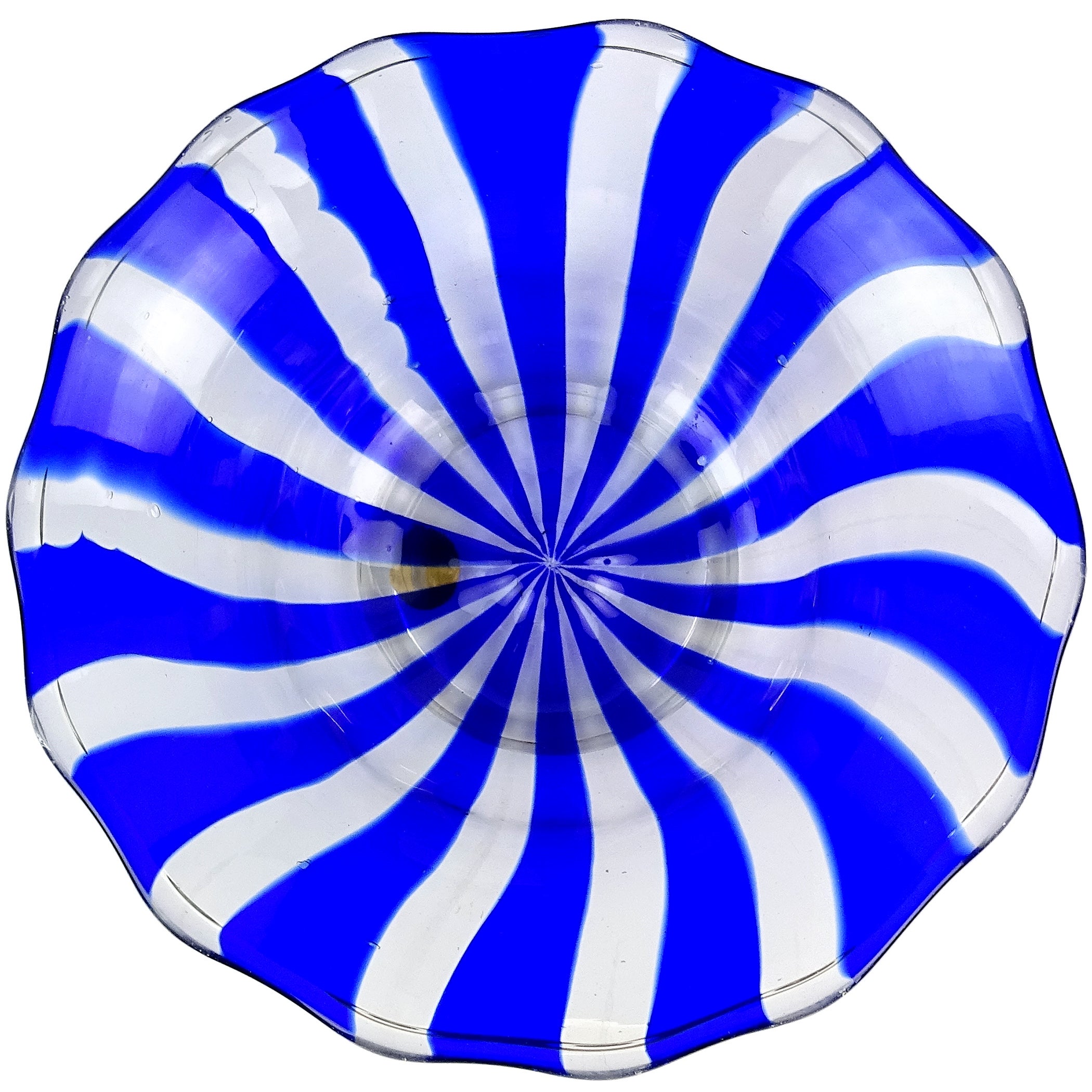 Ciotola centrotavola in vetro artistico italiano di Murano Salviati Label blu cobalto a strisce in vendita
