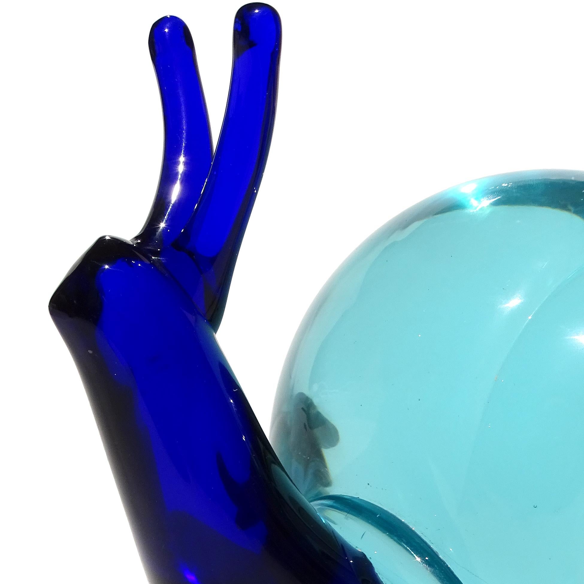 Hand-Crafted Murano Salviati Sommerso Sapphire Blue Italian Art Glass Snail Figure Sculpture For Sale