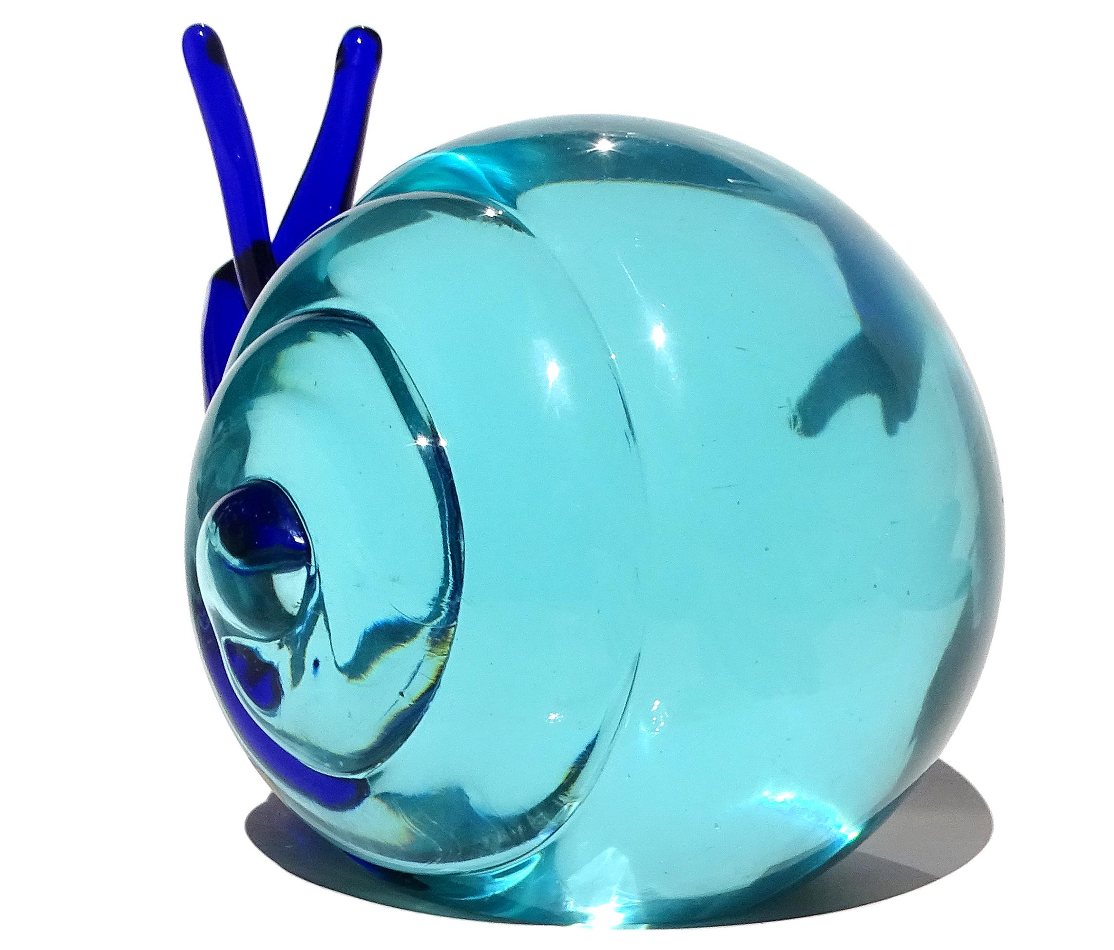 20th Century Murano Salviati Sommerso Sapphire Blue Italian Art Glass Snail Figure Sculpture For Sale