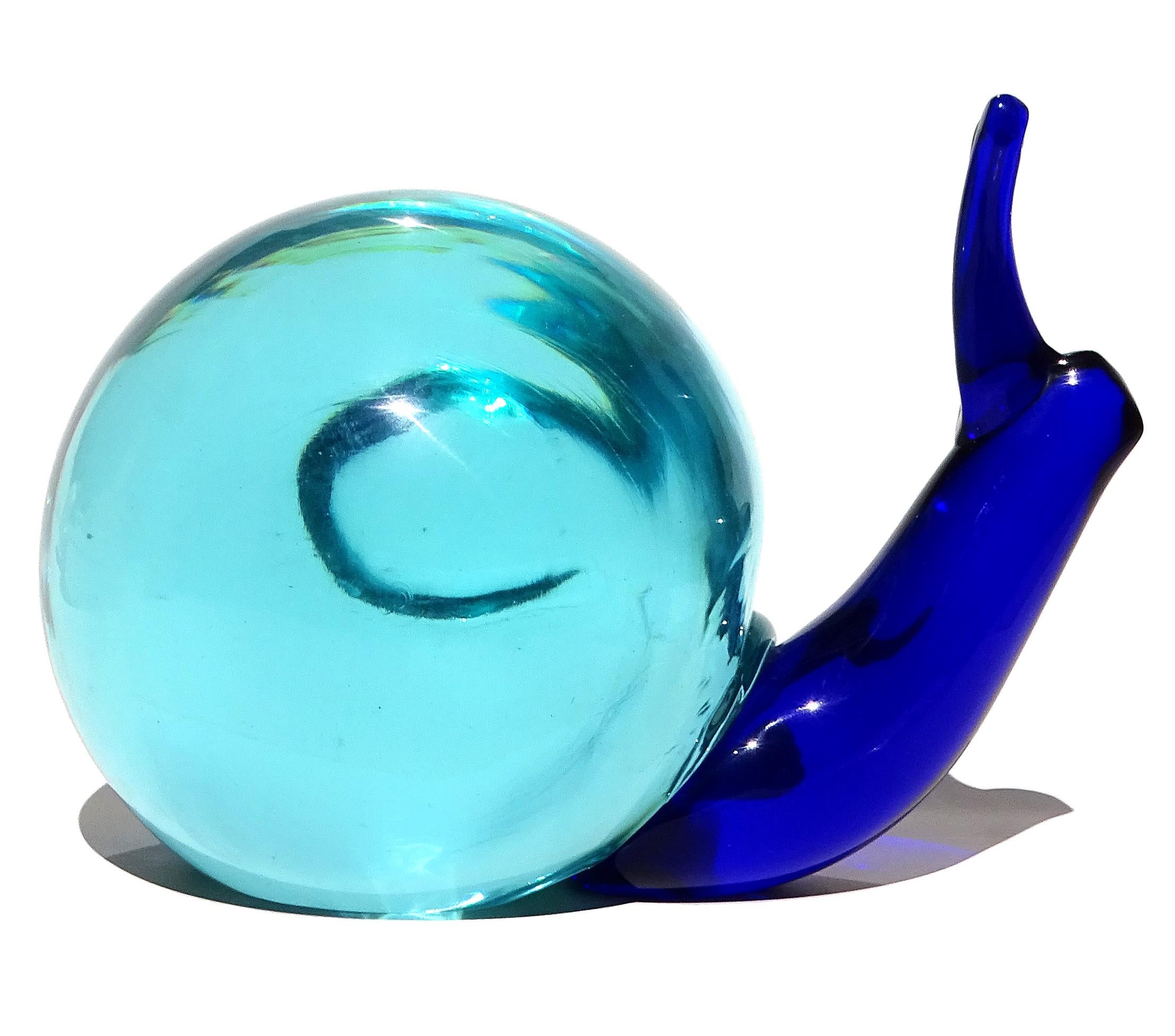 Murano Salviati Sommerso Sapphire Blue Italian Art Glass Snail Figure Sculpture For Sale 1