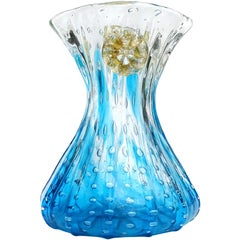 Vintage Murano Sapphire Blue Control Bubbles Gold Flecks Flowers Italian Art Glass Vase