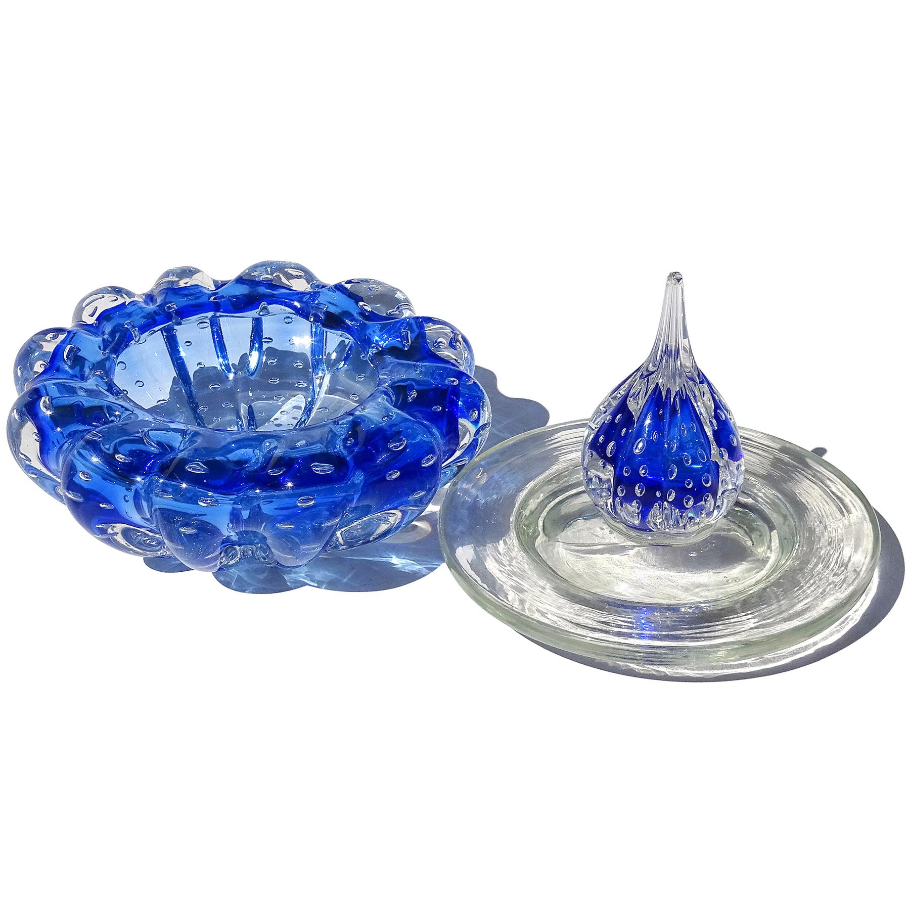 Mid-Century Modern Murano Sapphire Blue Controlled Bubbles Italian Art Glass Vanity Jar Powder Box For Sale