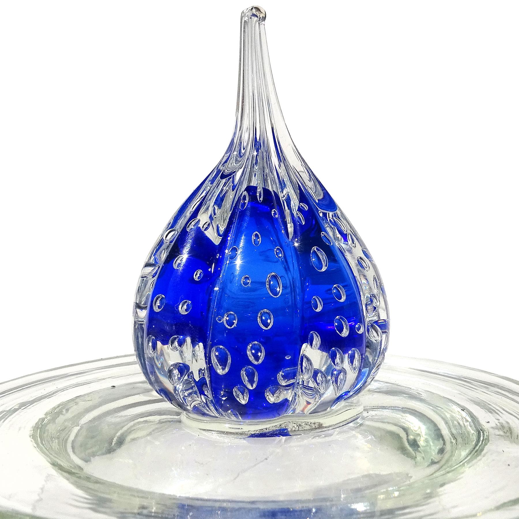 Hand-Crafted Murano Sapphire Blue Controlled Bubbles Italian Art Glass Vanity Jar Powder Box For Sale