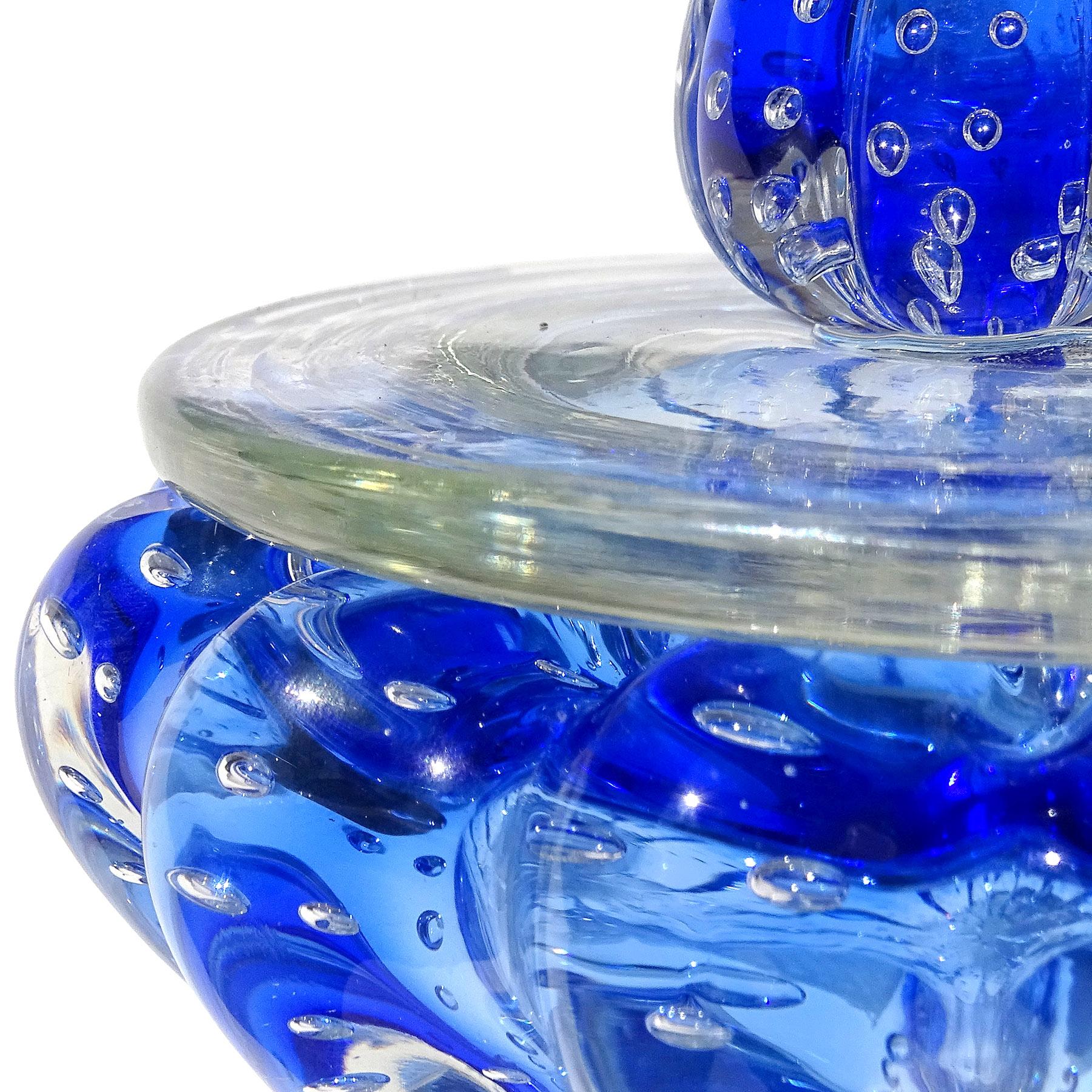 Murano Sapphire Blue Controlled Bubbles Italian Art Glass Vanity Jar Powder Box In Good Condition For Sale In Kissimmee, FL