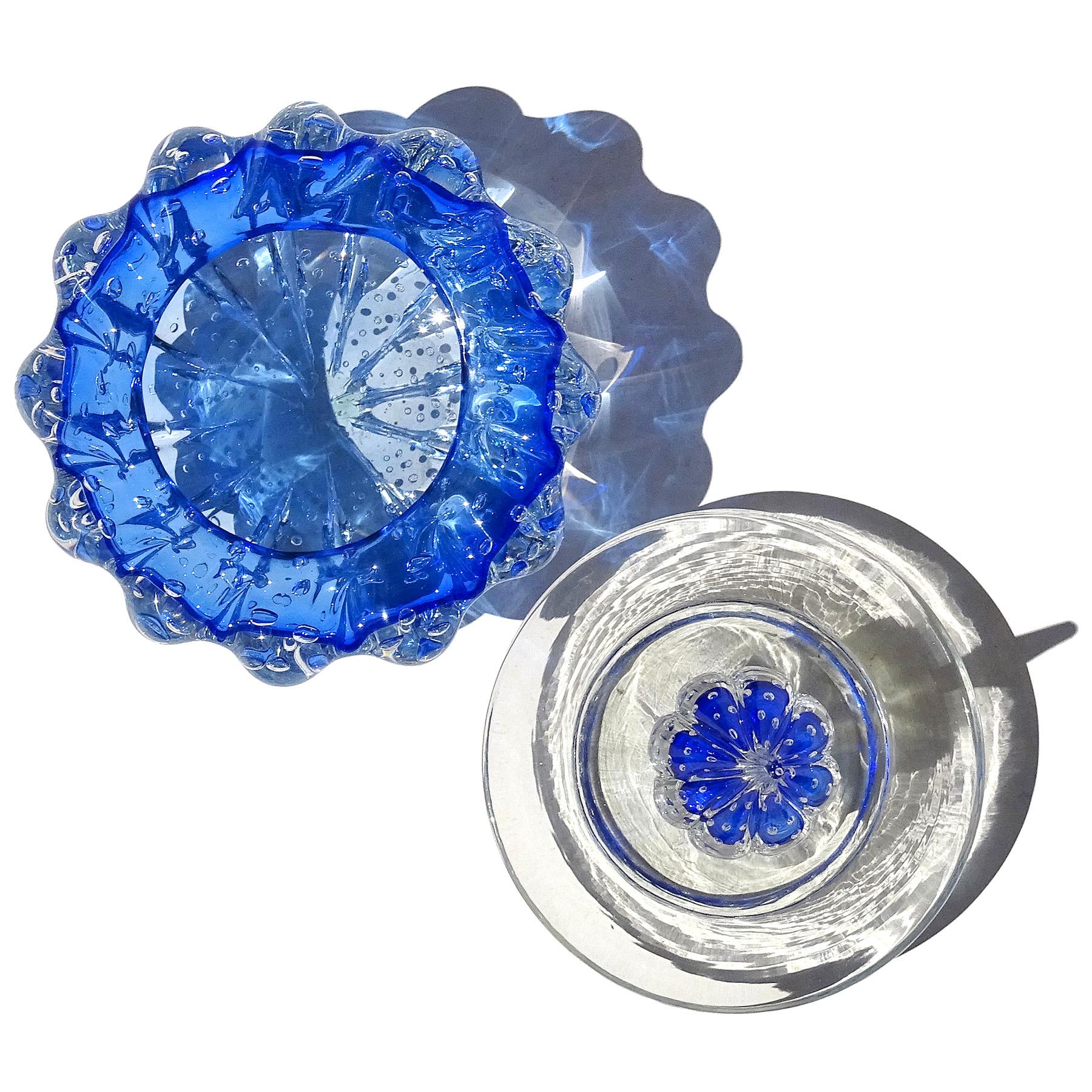20th Century Murano Sapphire Blue Controlled Bubbles Italian Art Glass Vanity Jar Powder Box For Sale