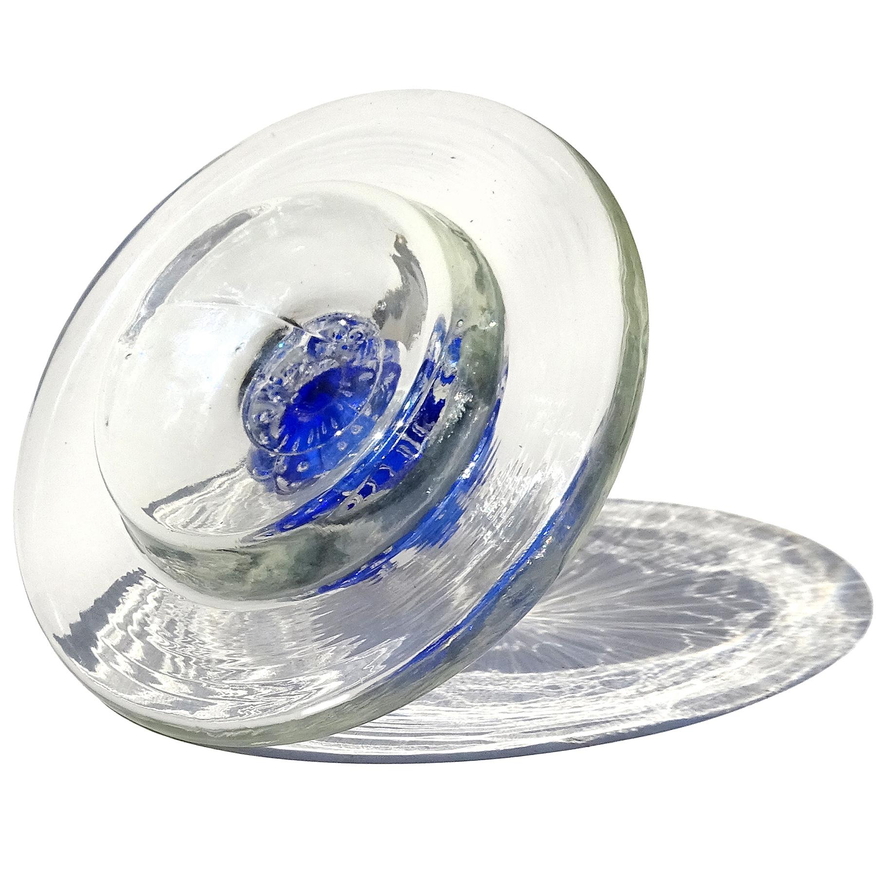 Murano Glass Murano Sapphire Blue Controlled Bubbles Italian Art Glass Vanity Jar Powder Box For Sale