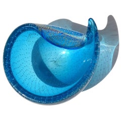 Murano Sapphire Blue Gold Flecks Bubbles Italian Art Glass Tear Water Drop Bowl