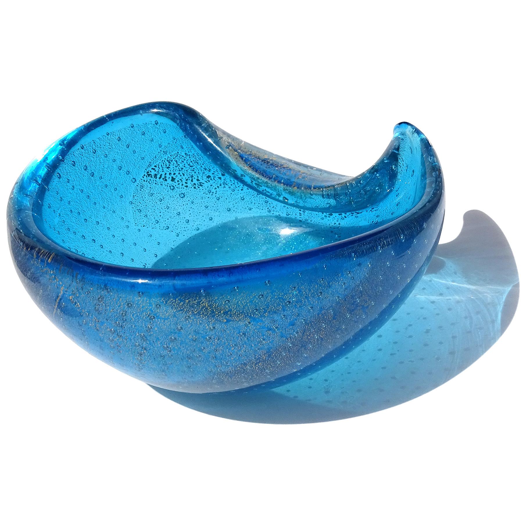 Mid-Century Modern Murano Sapphire Blue Gold Flecks Bubbles Italian Art Glass Tear Water Drop Bowl For Sale