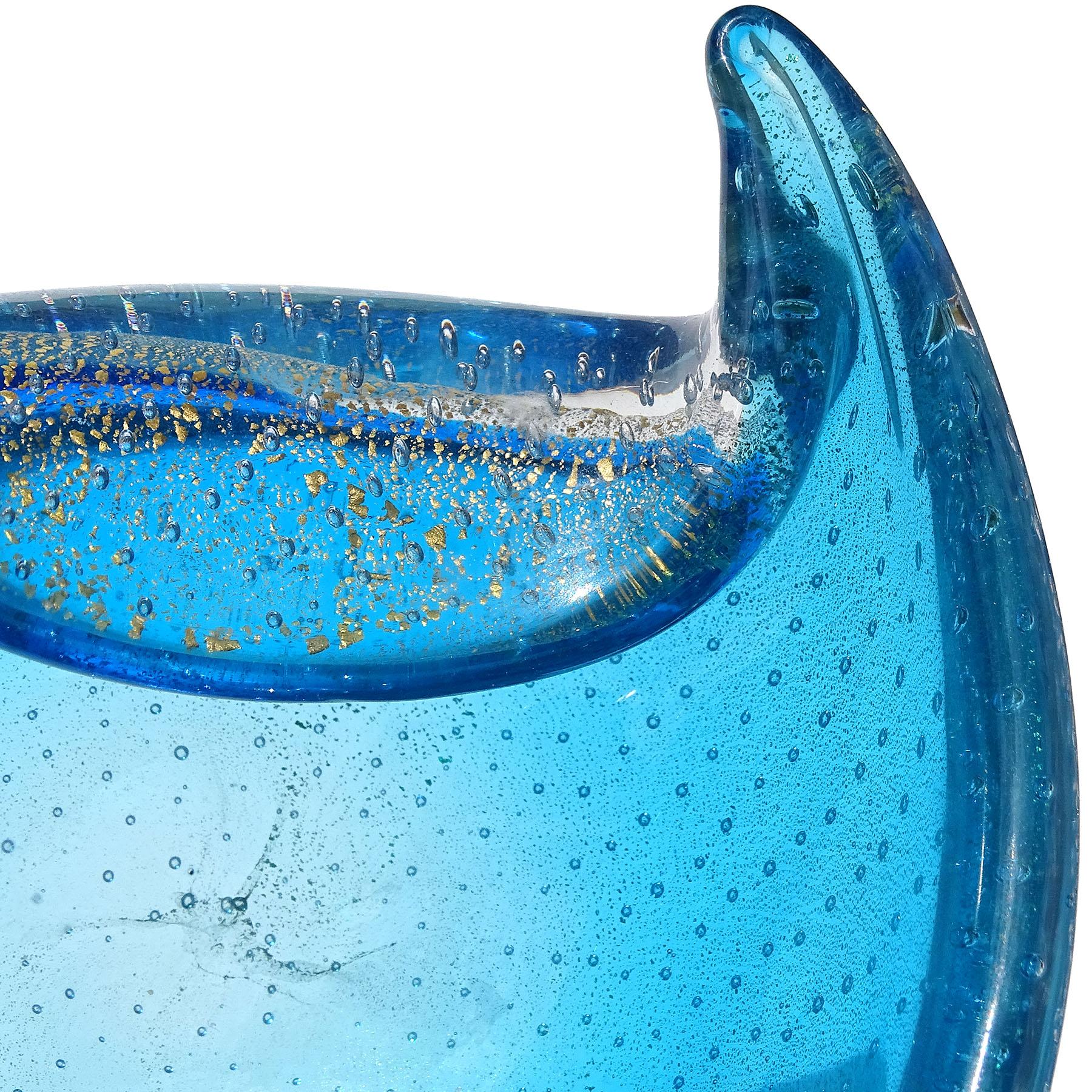 Hand-Crafted Murano Sapphire Blue Gold Flecks Bubbles Italian Art Glass Tear Water Drop Bowl For Sale