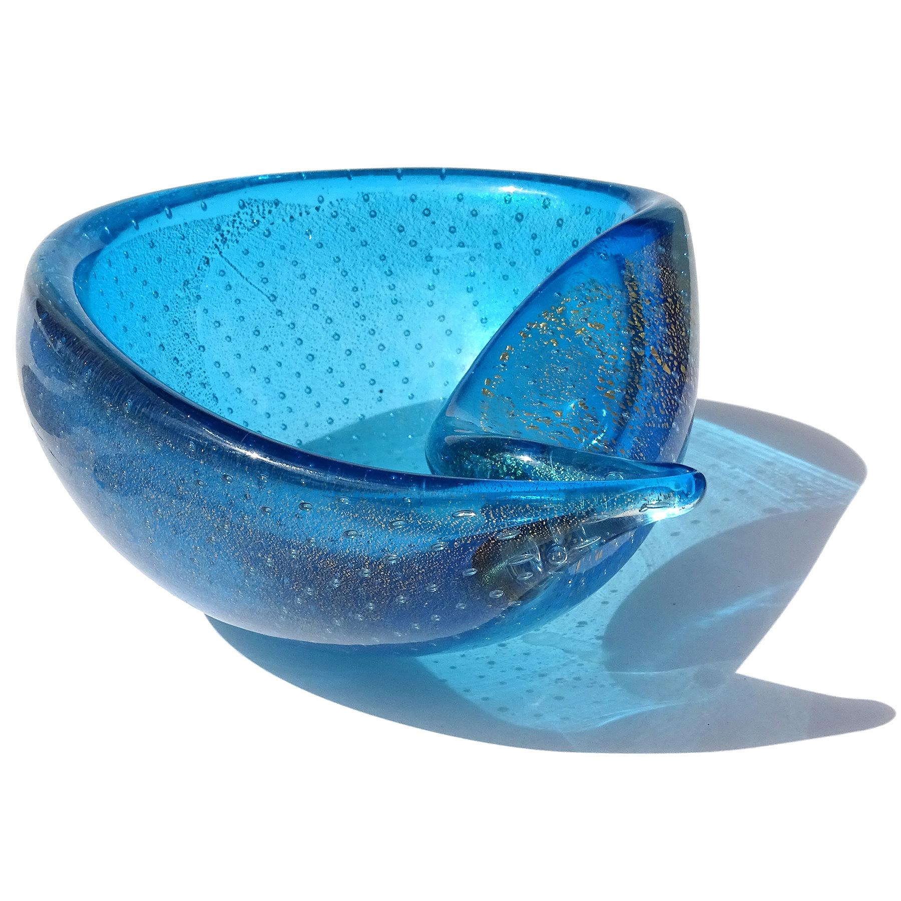 Murano Sapphire Blue Gold Flecks Bubbles Italian Art Glass Tear Water Drop Bowl In Good Condition For Sale In Kissimmee, FL