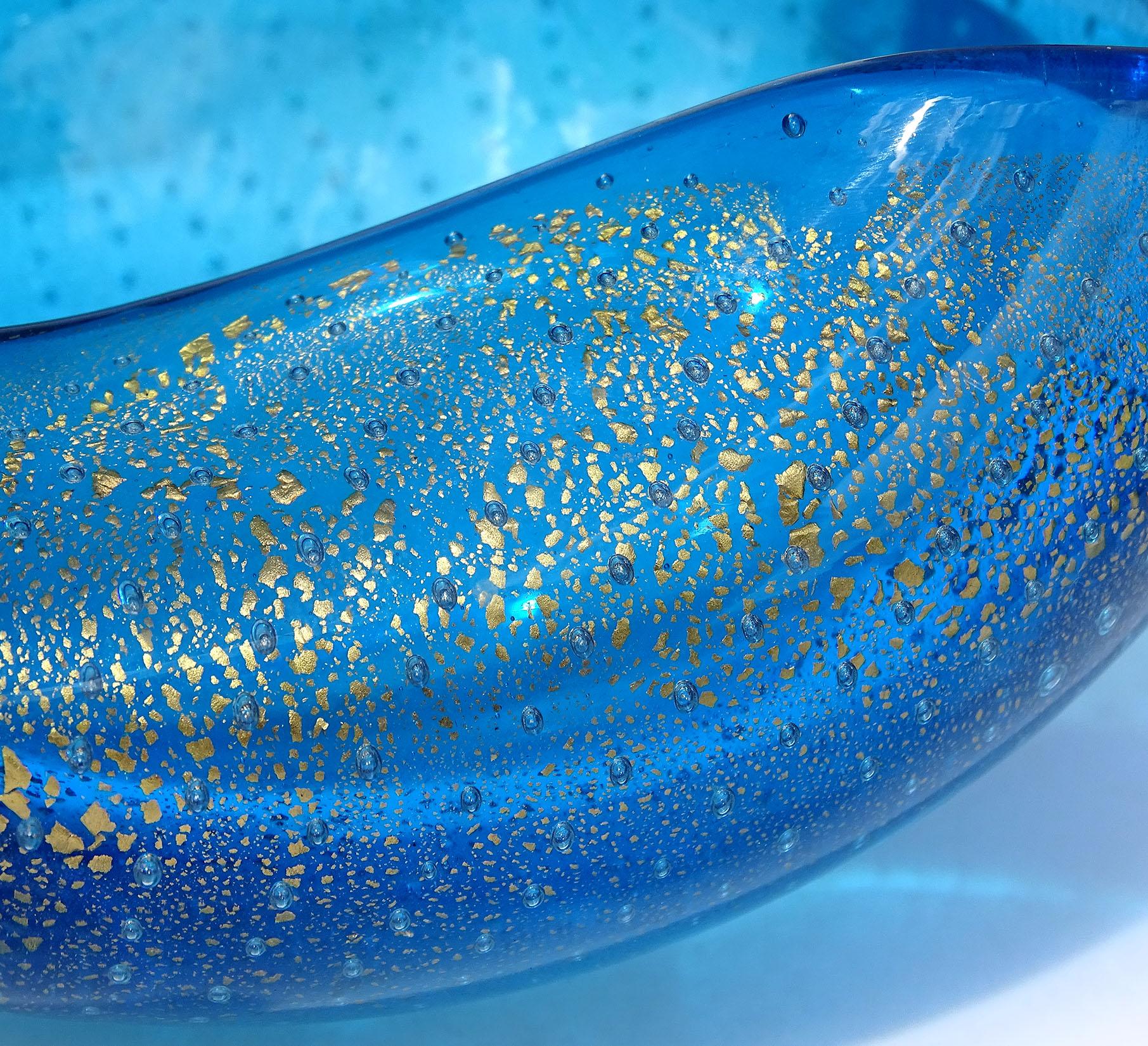 20th Century Murano Sapphire Blue Gold Flecks Bubbles Italian Art Glass Tear Water Drop Bowl For Sale