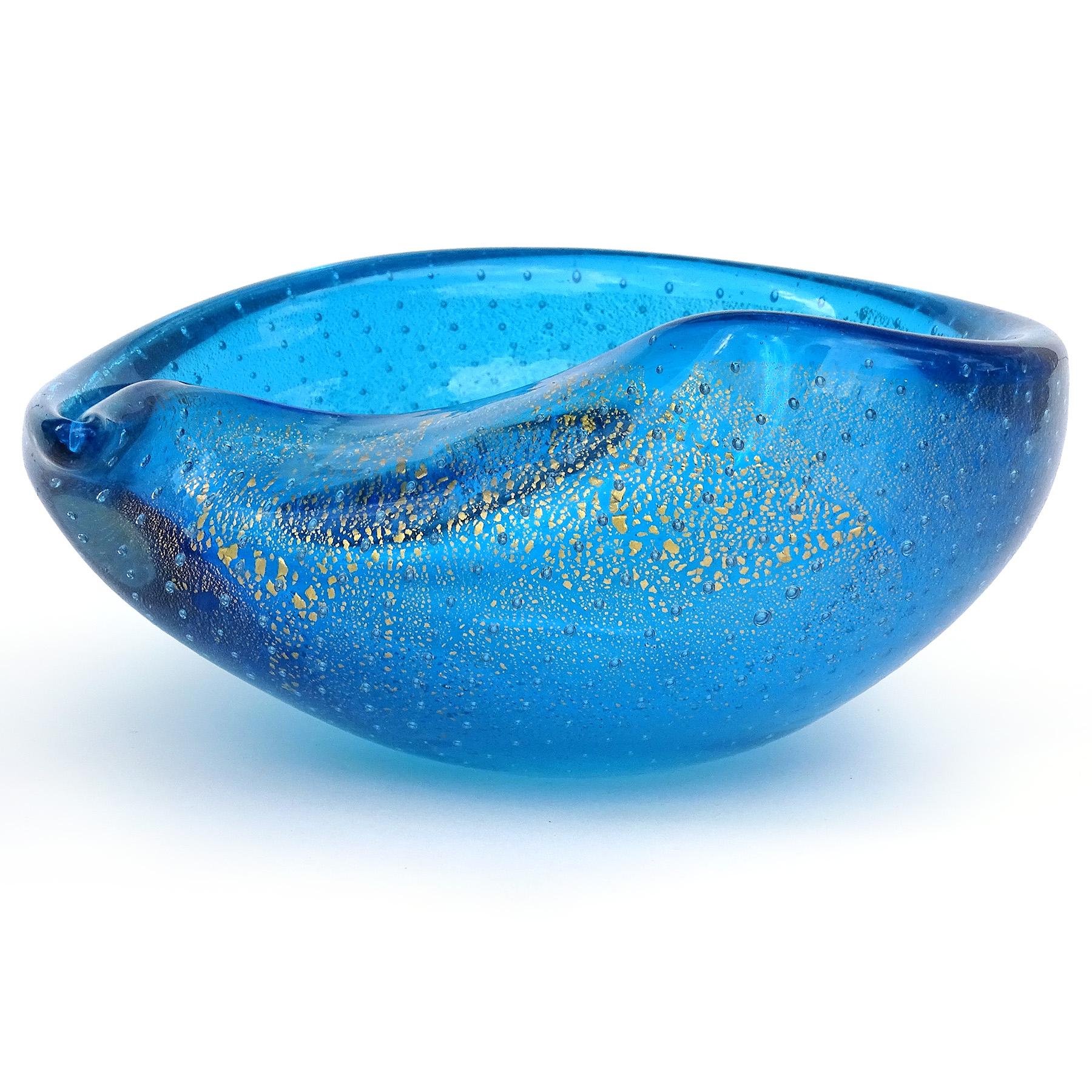 Murano Sapphire Blue Gold Flecks Bubbles Italian Art Glass Tear Water Drop Bowl For Sale 1